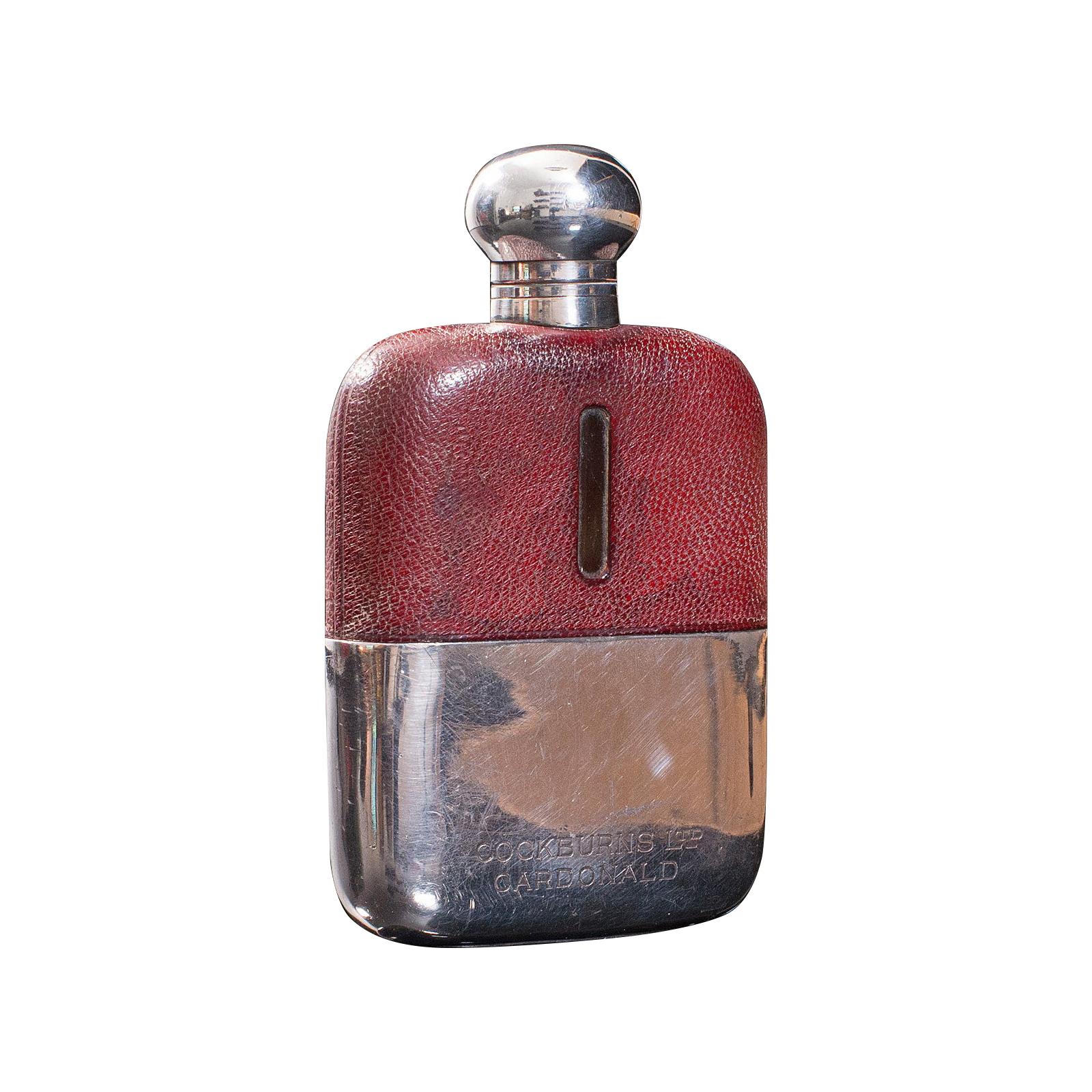 Antique Hip Flask, English, Leather, Glass, Silver Plate, Celebration Gift, 1920 For Sale