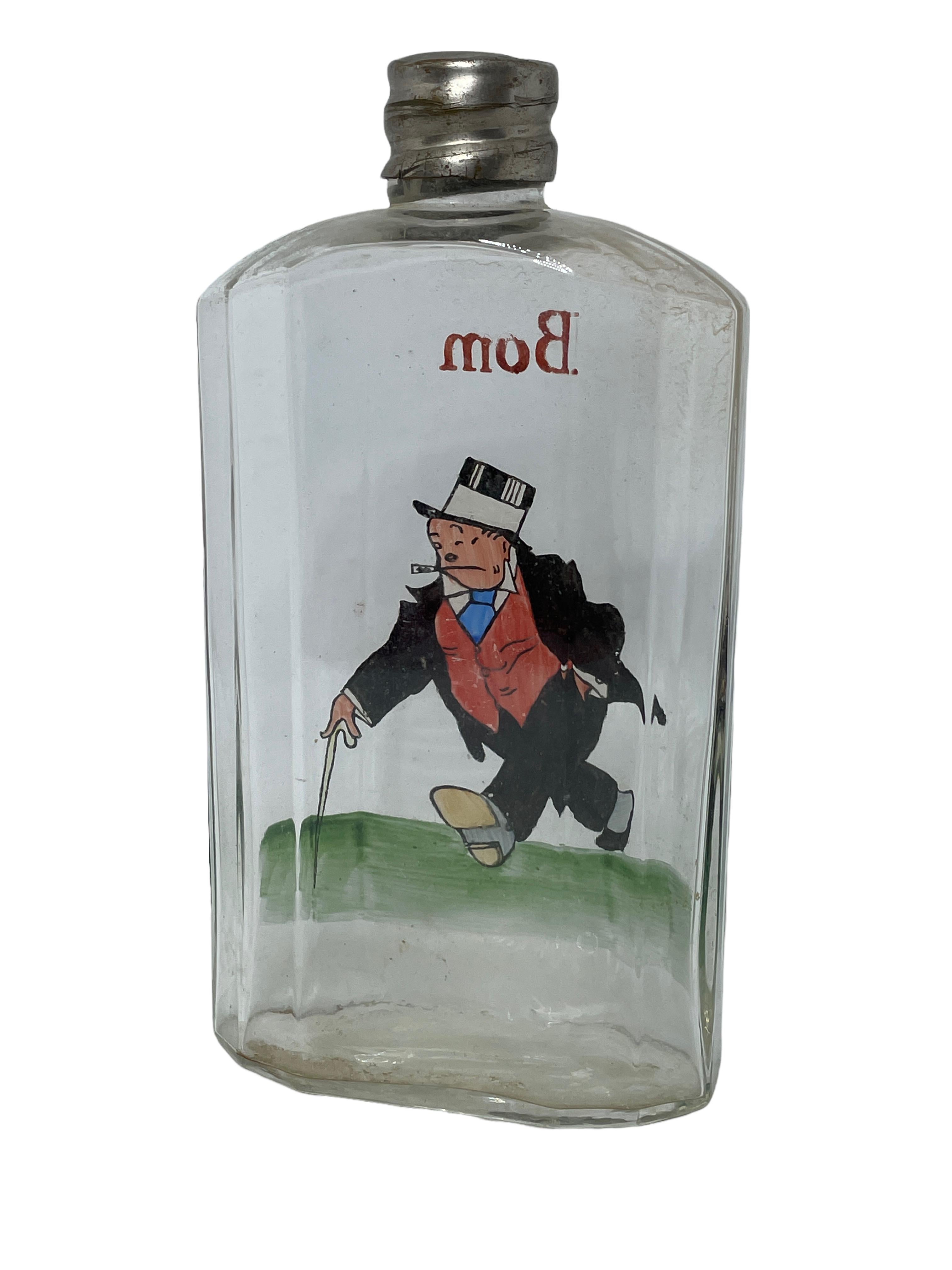 Swedish Antique Hip Flask Hand Painted Drunk Gentleman Motif, Sweden, Early 20th Century For Sale
