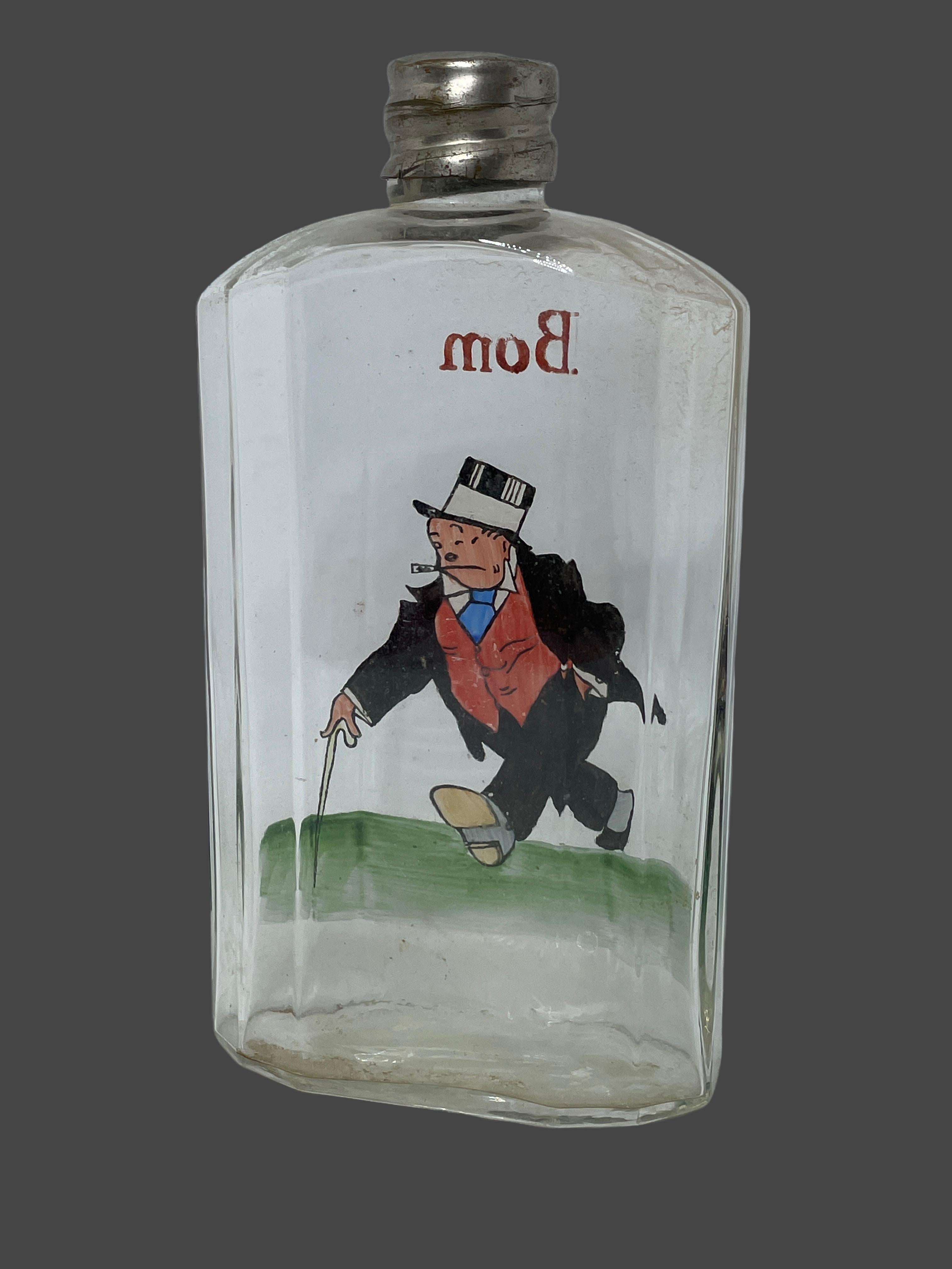 Hand-Painted Antique Hip Flask Hand Painted Drunk Gentleman Motif, Sweden, Early 20th Century For Sale