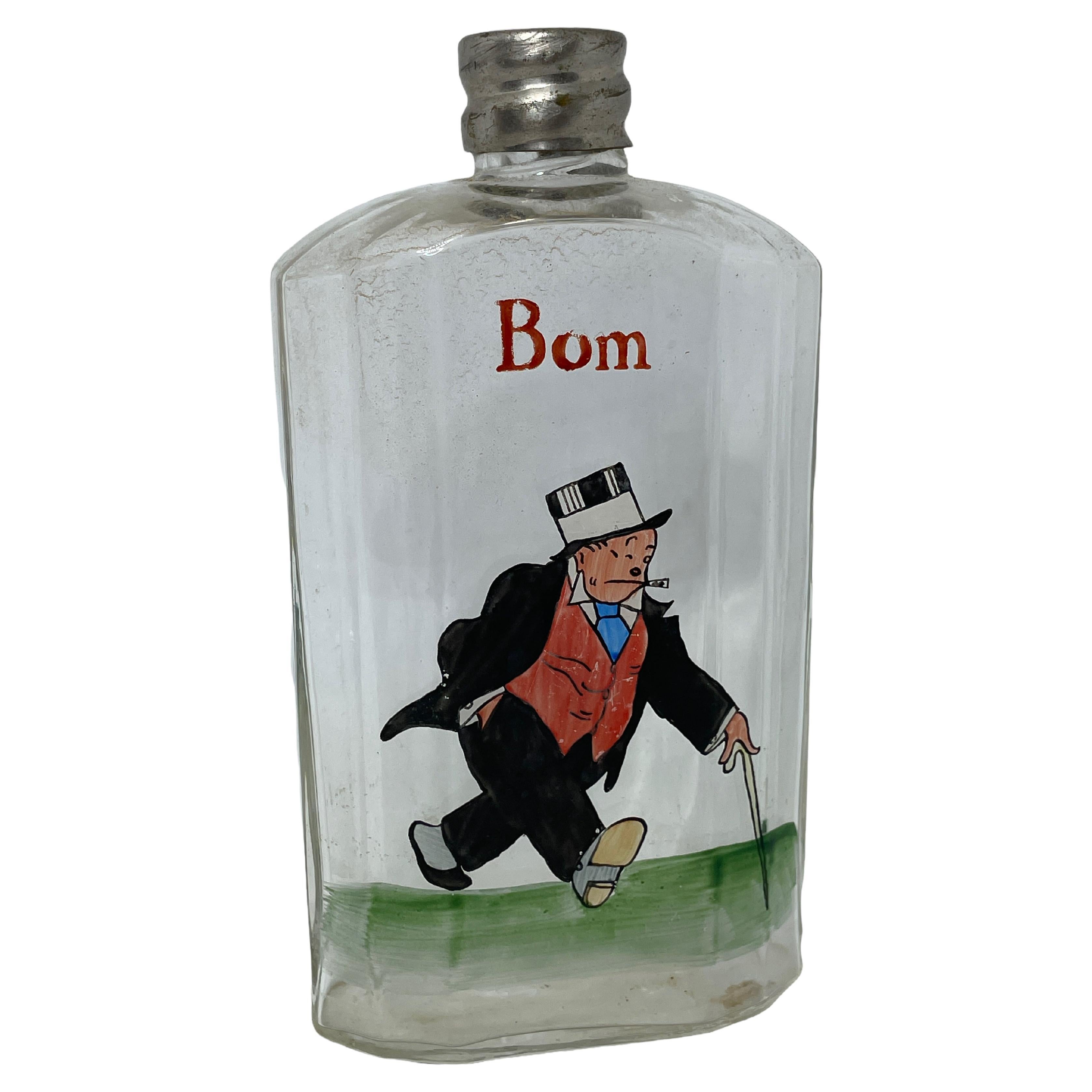 Antique Hip Flask Hand Painted Drunk Gentleman Motif, Sweden, Early 20th Century For Sale