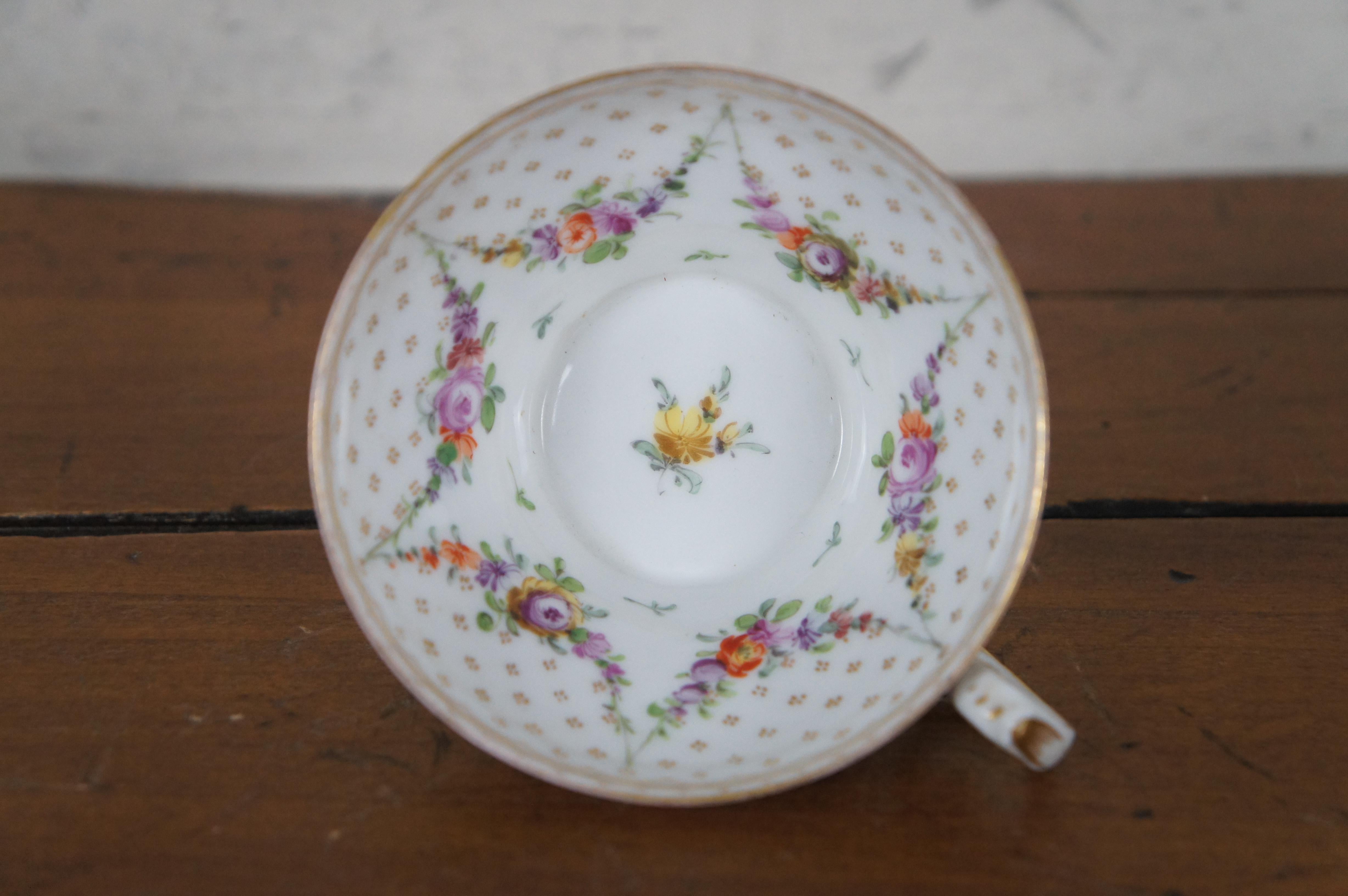 Antique Hirsch Dresden Polychrome Porcelain Teacup & Saucer Roses Flowers  7