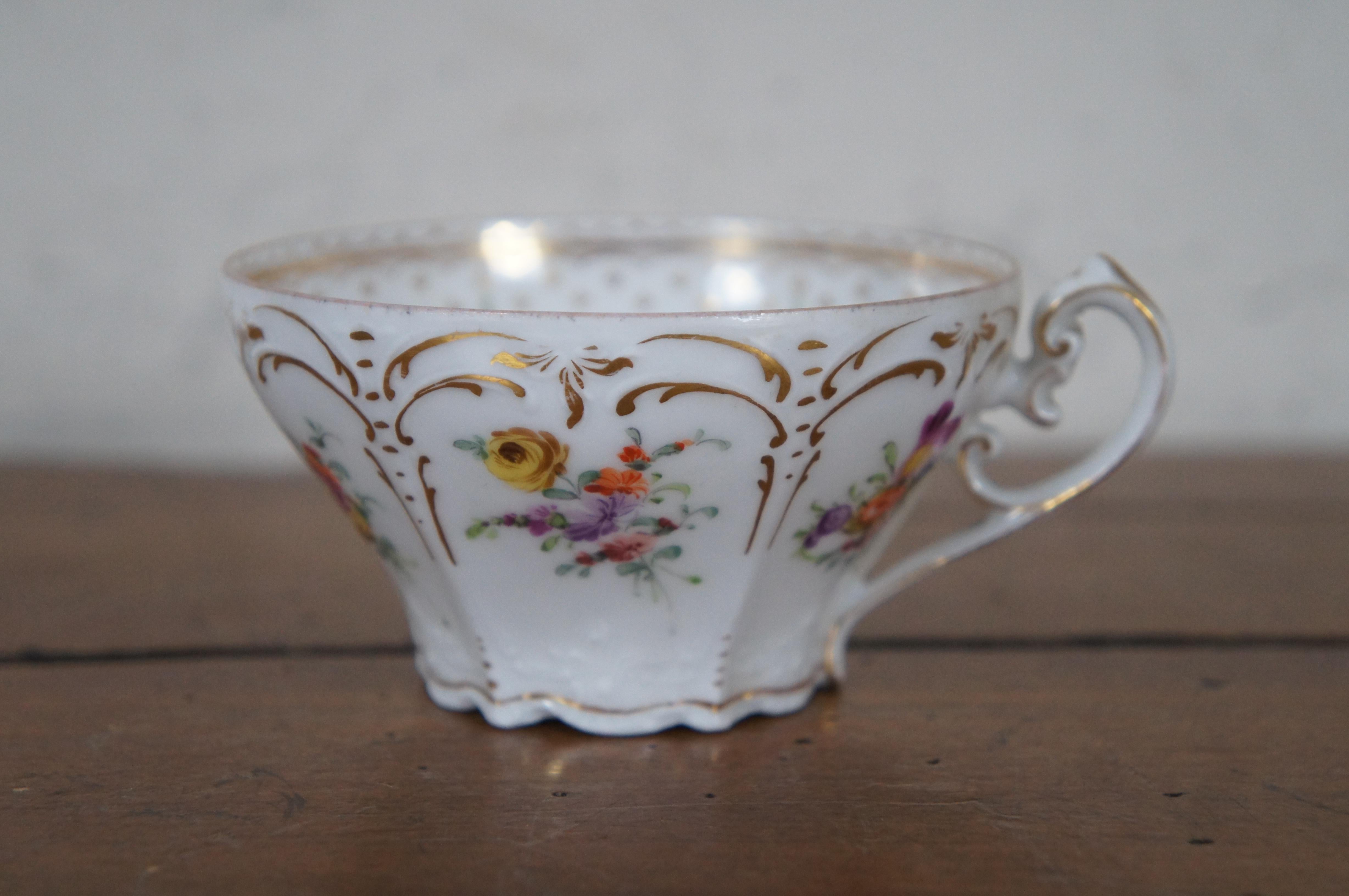 Antique Hirsch Dresden Polychrome Porcelain Teacup & Saucer Roses Flowers  3