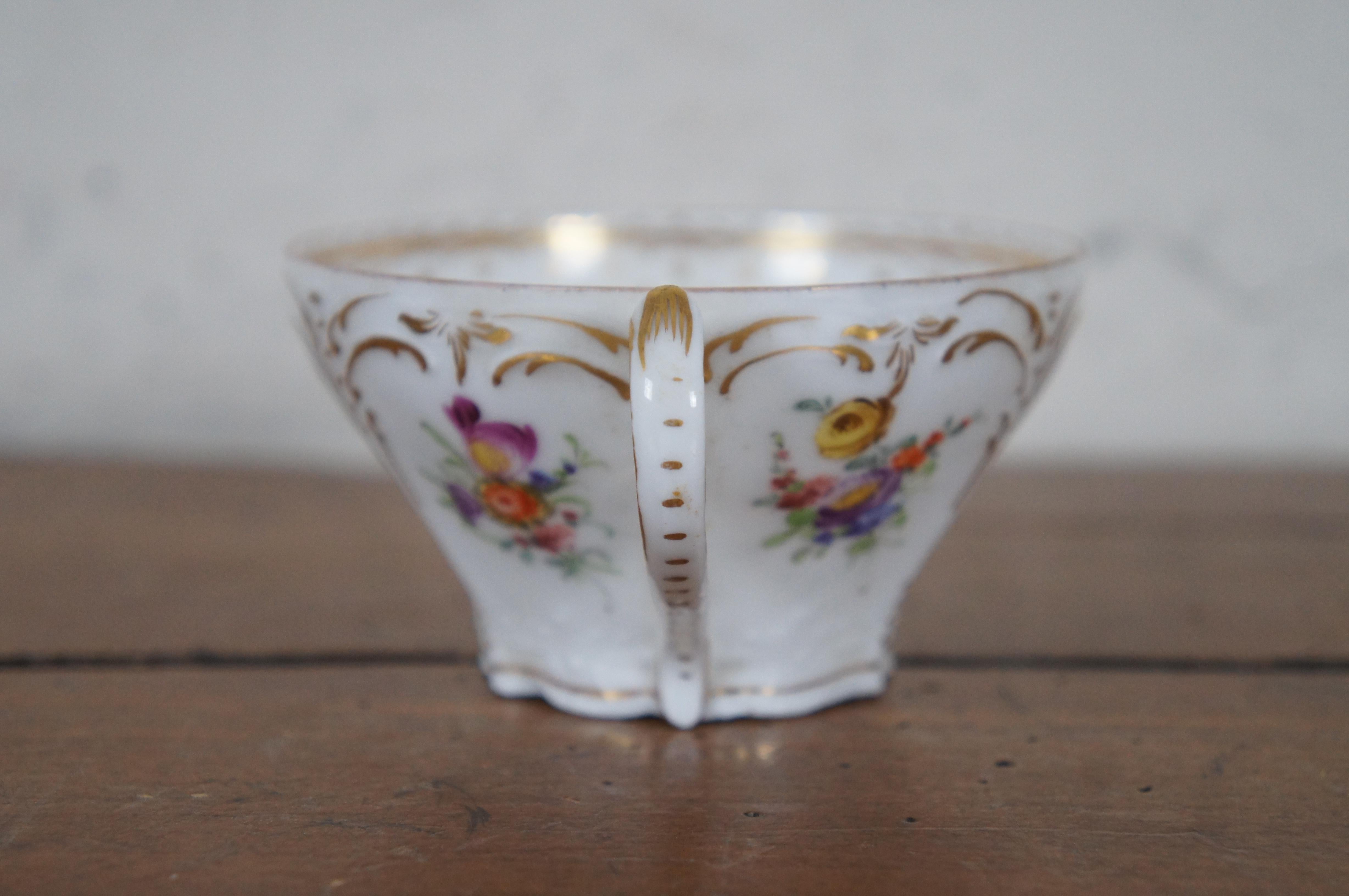Antique Hirsch Dresden Polychrome Porcelain Teacup & Saucer Roses Flowers  4