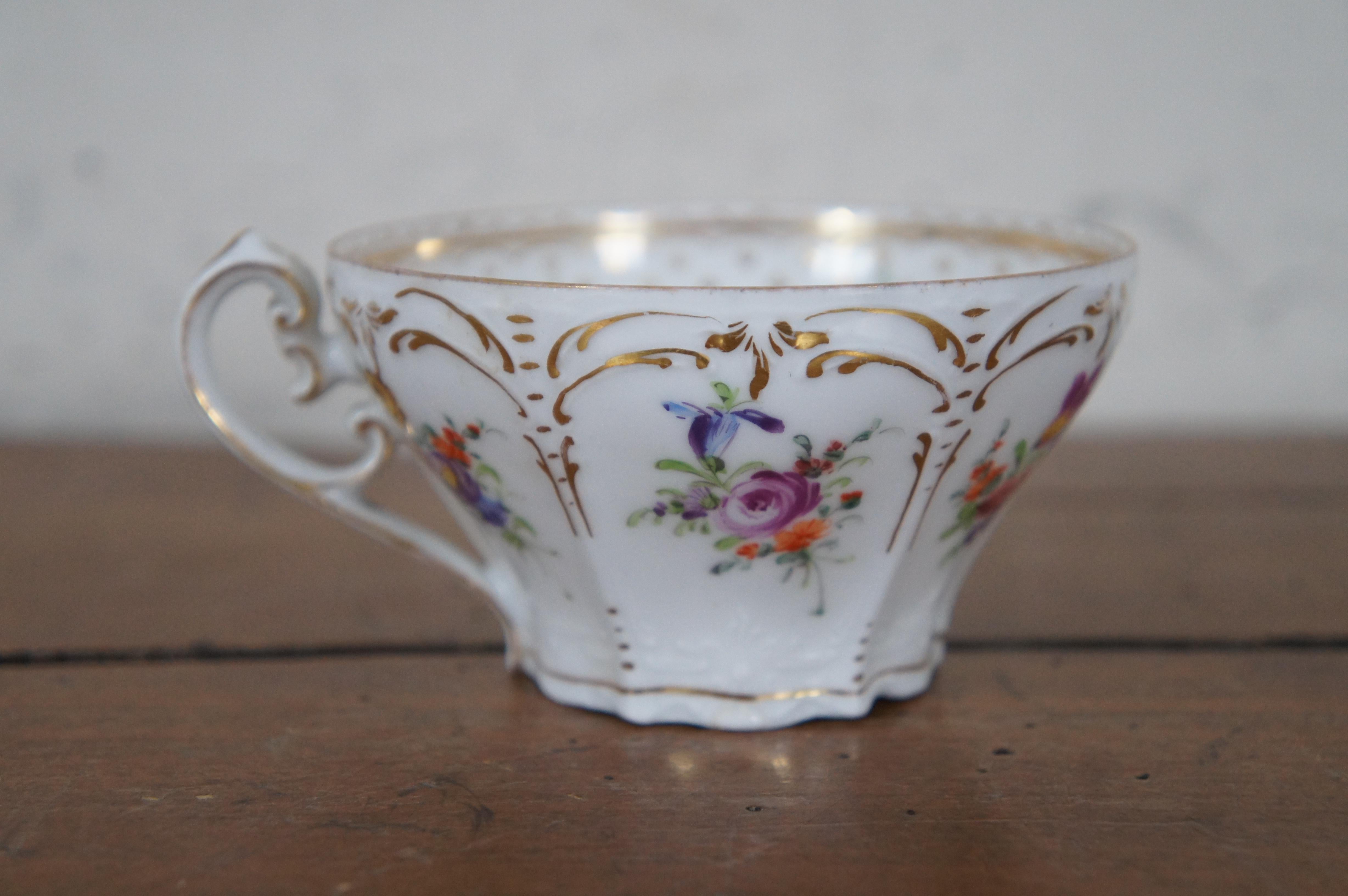 Antique Hirsch Dresden Polychrome Porcelain Teacup & Saucer Roses Flowers  5