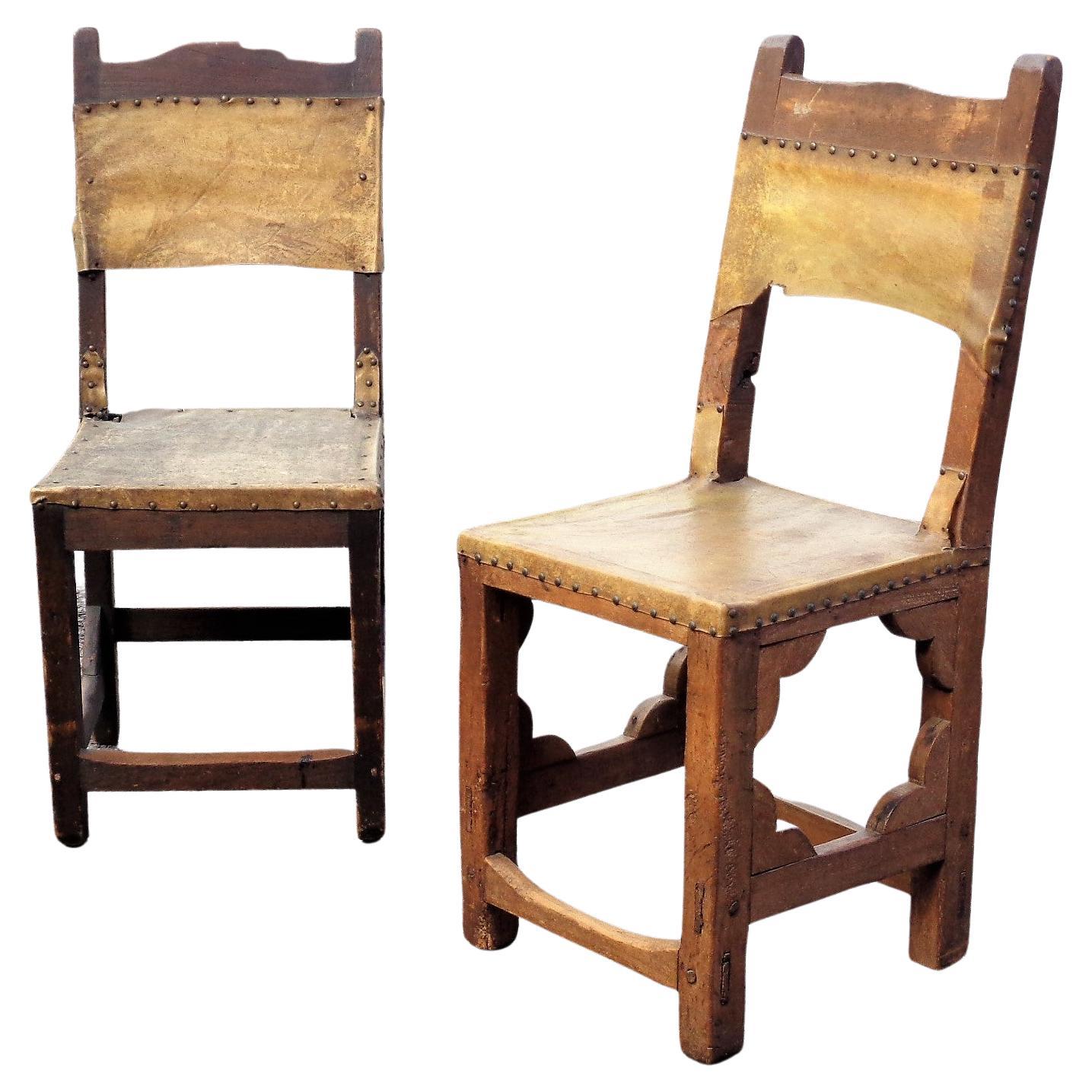 Antique Spanish Colonial Chairs w/ Vellum Hide Seats Backs In Good Condition In Rochester, NY