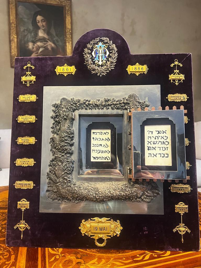This is an absolutely rare and one of a kind custom made Plaque represents the History of Jewish People and their acceptance in society and freemasonry through out the world. The Plaque had been hand crafted and designed by August Klein- Purveyor to