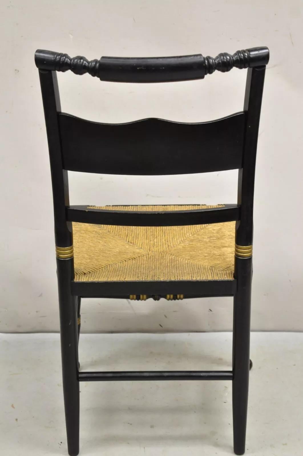 Antique Hitchcock Style Black Lacquer Stencil Rush Seat Dining Chairs - Set of 4 For Sale 4