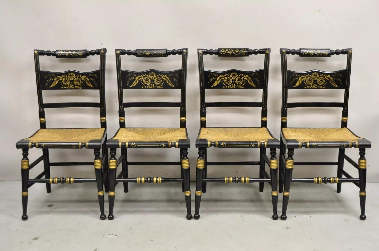 Antique Hitchcock Style Black Lacquer Stencil Rush Seat Dining Chairs - Set of 4 For Sale 6