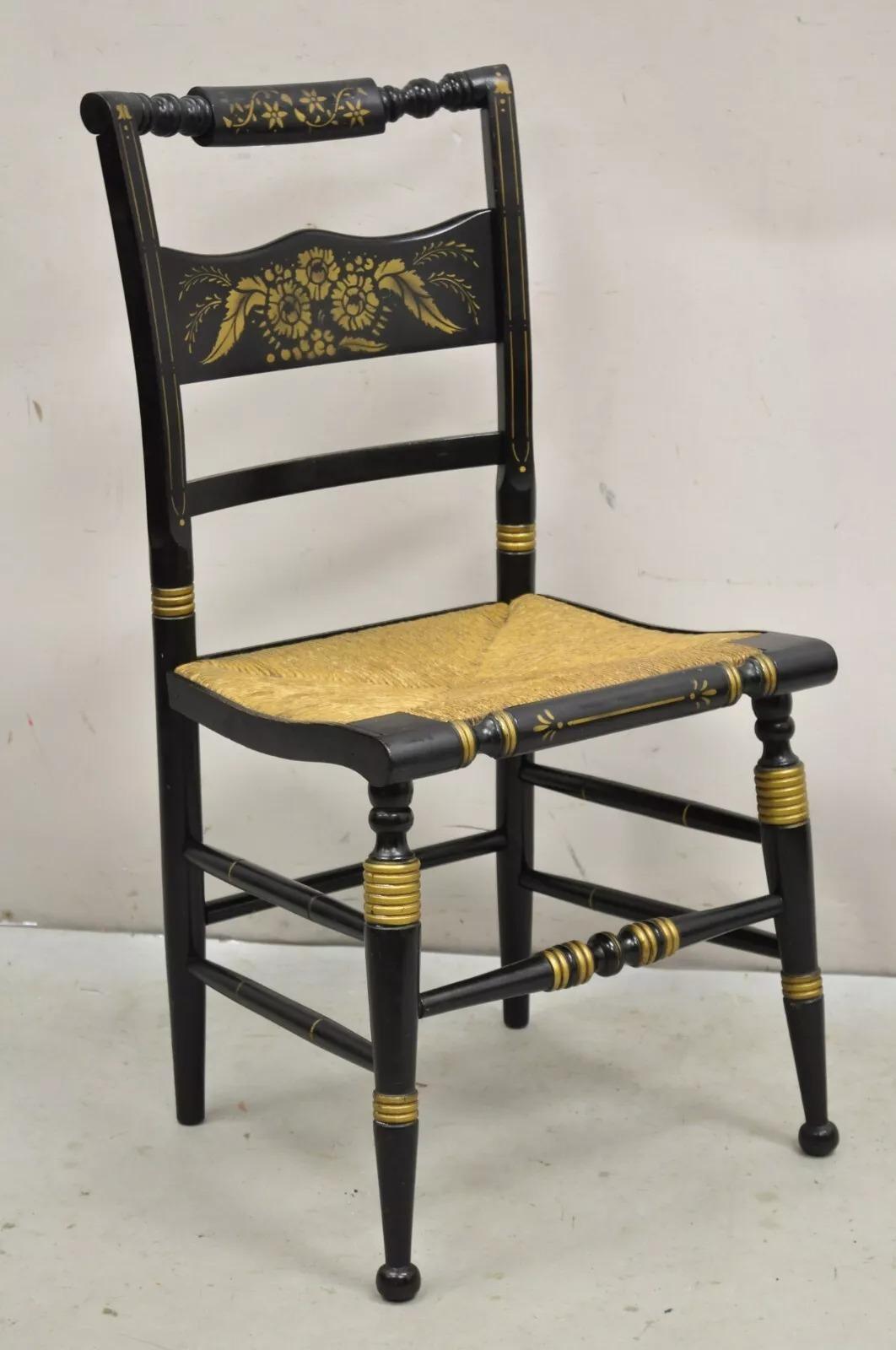 Antique Hitchcock Style Black Lacquer Stencil Rush Seat Dining Chairs - Set of 4. Circa Early 20th Century. Measurements: 34.5
