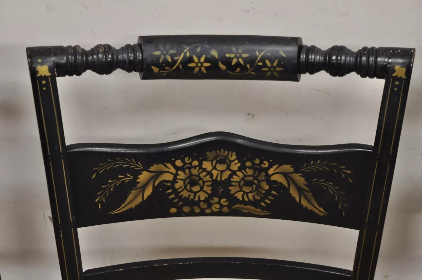 Other Antique Hitchcock Style Black Lacquer Stencil Rush Seat Dining Chairs - Set of 4 For Sale
