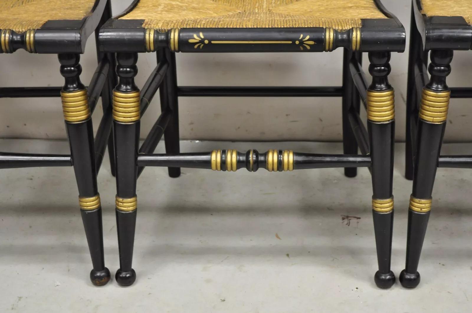 Antique Hitchcock Style Black Lacquer Stencil Rush Seat Dining Chairs - Set of 4 In Good Condition For Sale In Philadelphia, PA