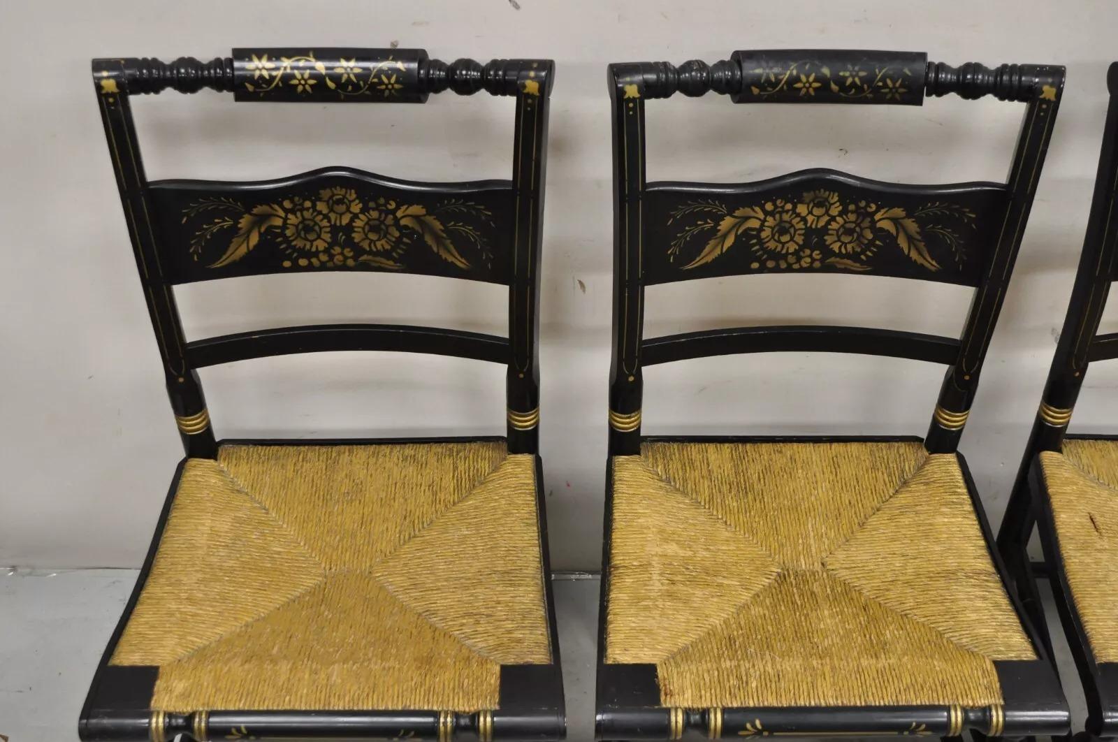 20th Century Antique Hitchcock Style Black Lacquer Stencil Rush Seat Dining Chairs - Set of 4 For Sale