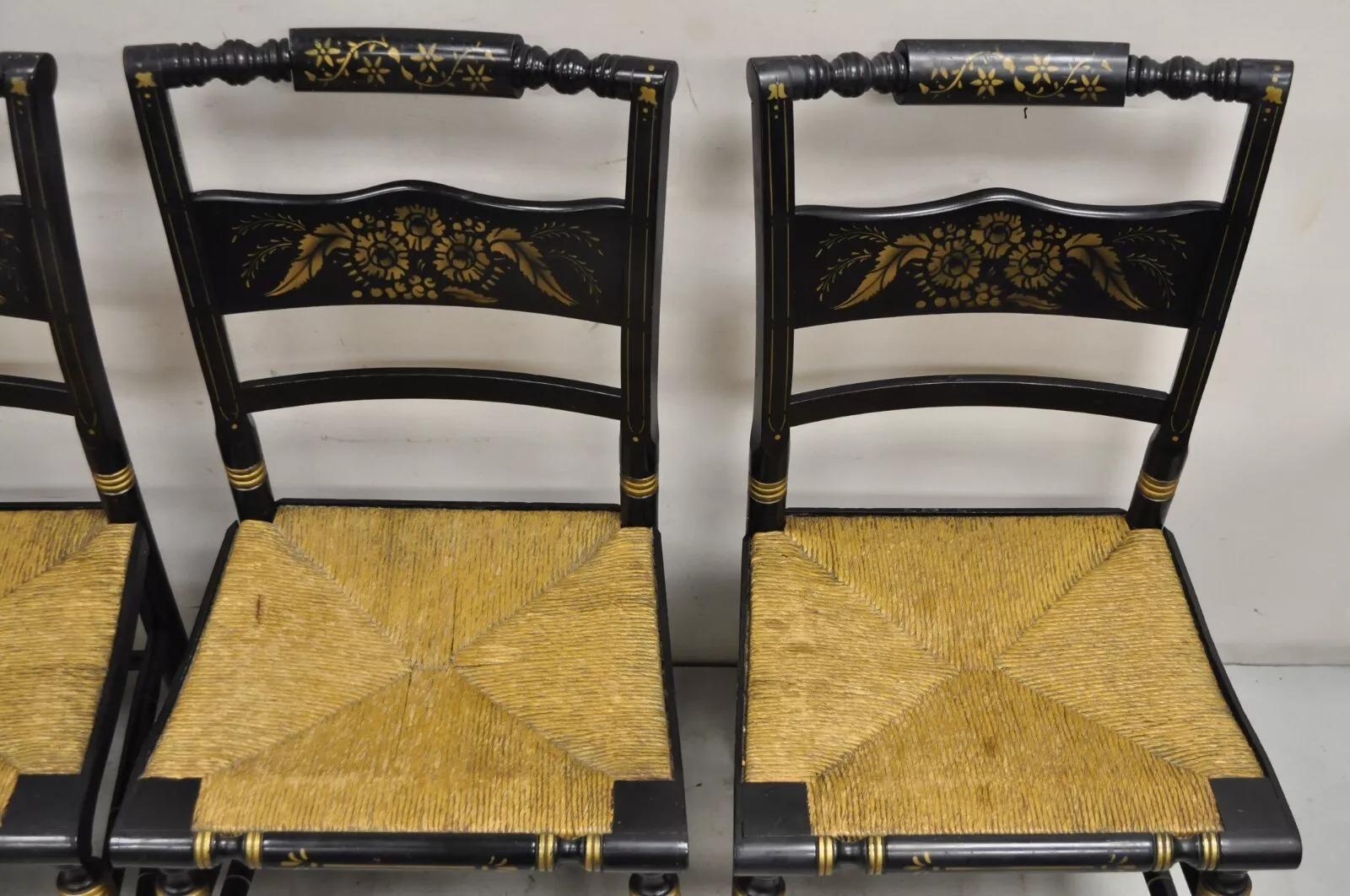 Wood Antique Hitchcock Style Black Lacquer Stencil Rush Seat Dining Chairs - Set of 4 For Sale
