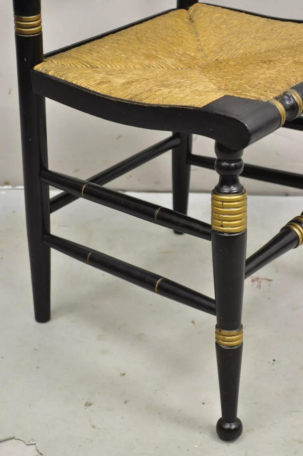 Antique Hitchcock Style Black Lacquer Stencil Rush Seat Dining Chairs - Set of 4 For Sale 3