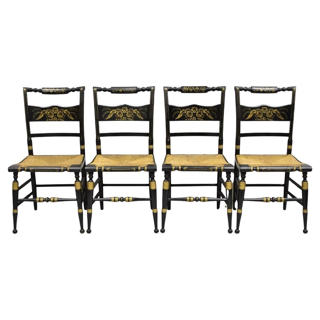 Antique Hitchcock Style Black Lacquer Stencil Rush Seat Dining Chairs - Set of 4