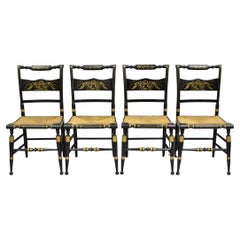 Antique Hitchcock Style Black Lacquer Stencil Rush Seat Dining Chairs - Set of 4