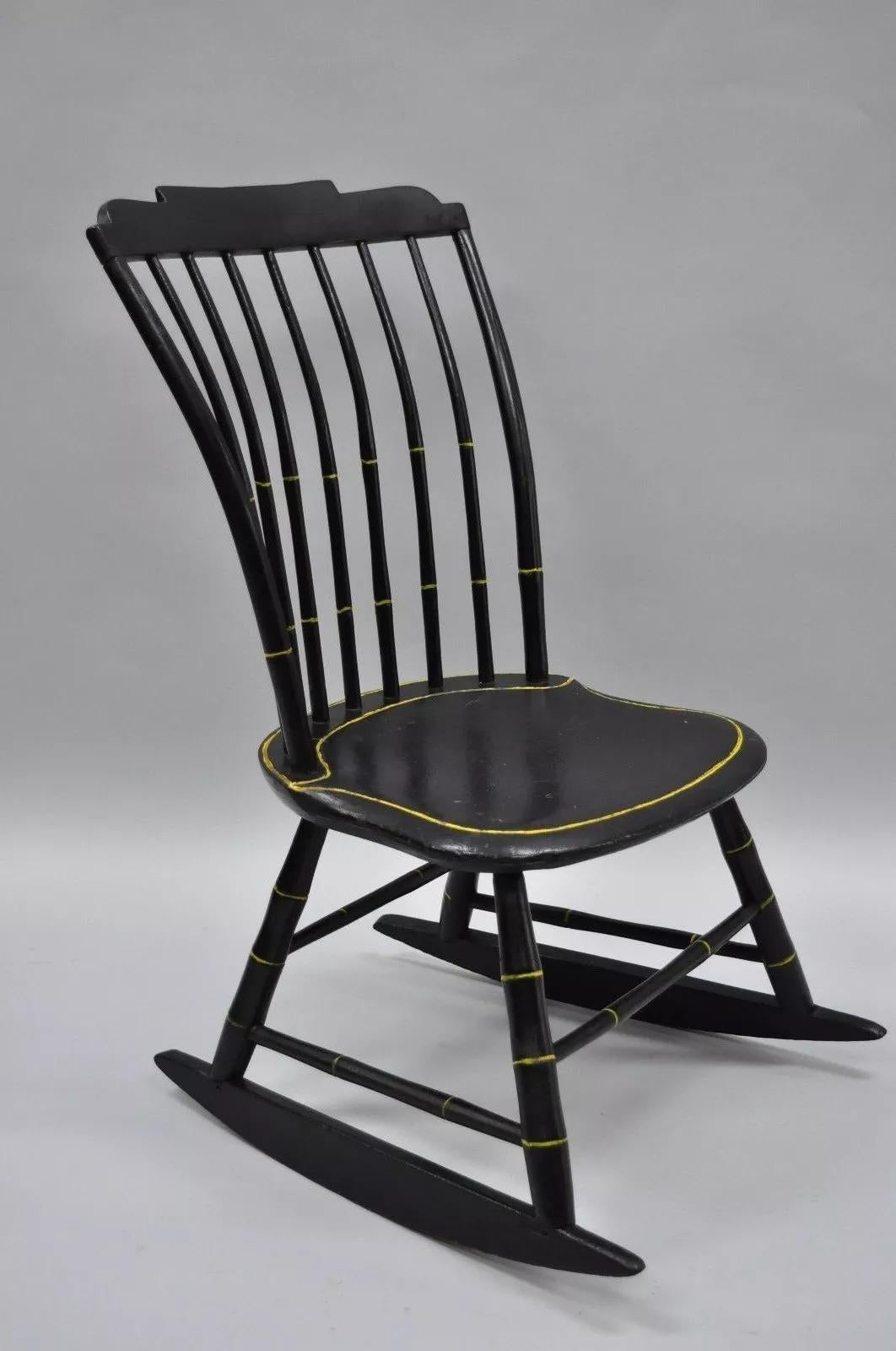 Antique Hitchcock Style Child's Black Bow Back Windsor Rocker Rocking Chair For Sale 4