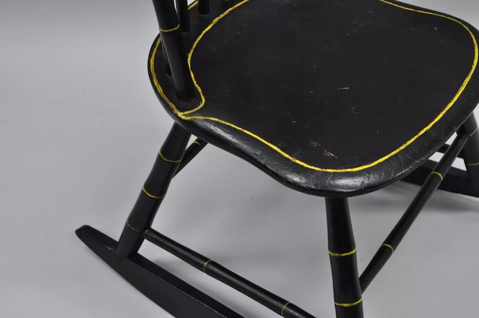 20th Century Antique Hitchcock Style Child's Black Bow Back Windsor Rocker Rocking Chair For Sale