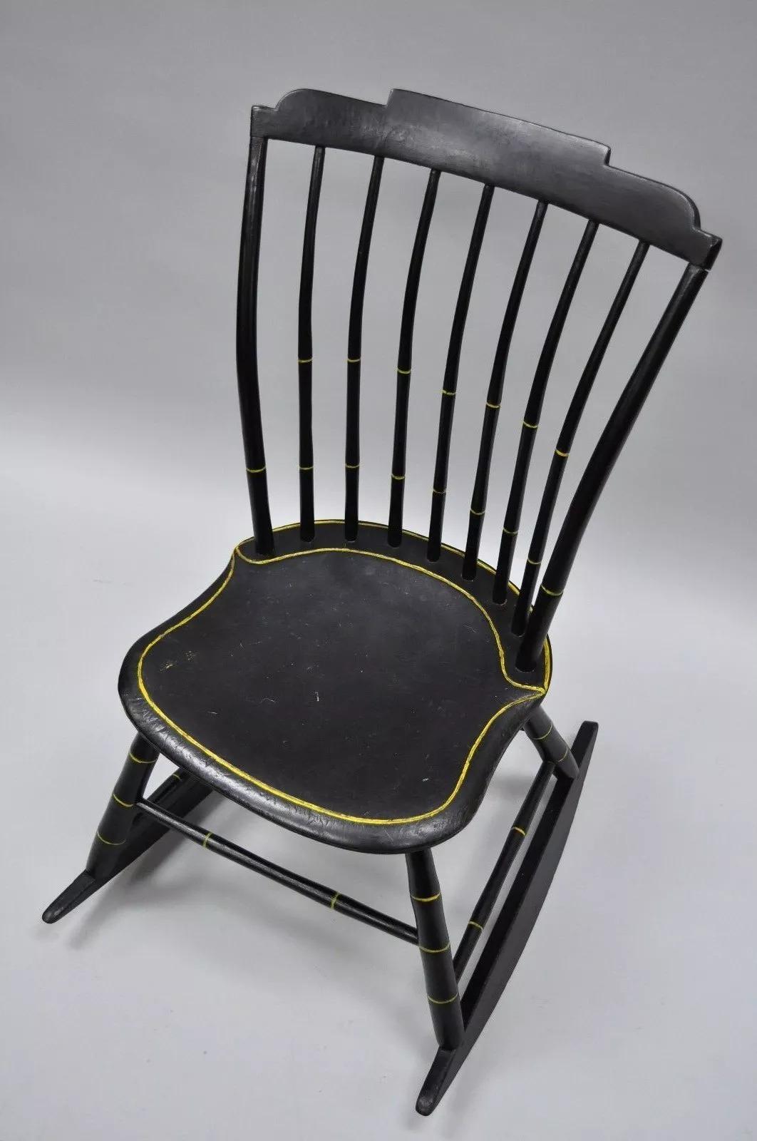 Wood Antique Hitchcock Style Child's Black Bow Back Windsor Rocker Rocking Chair For Sale