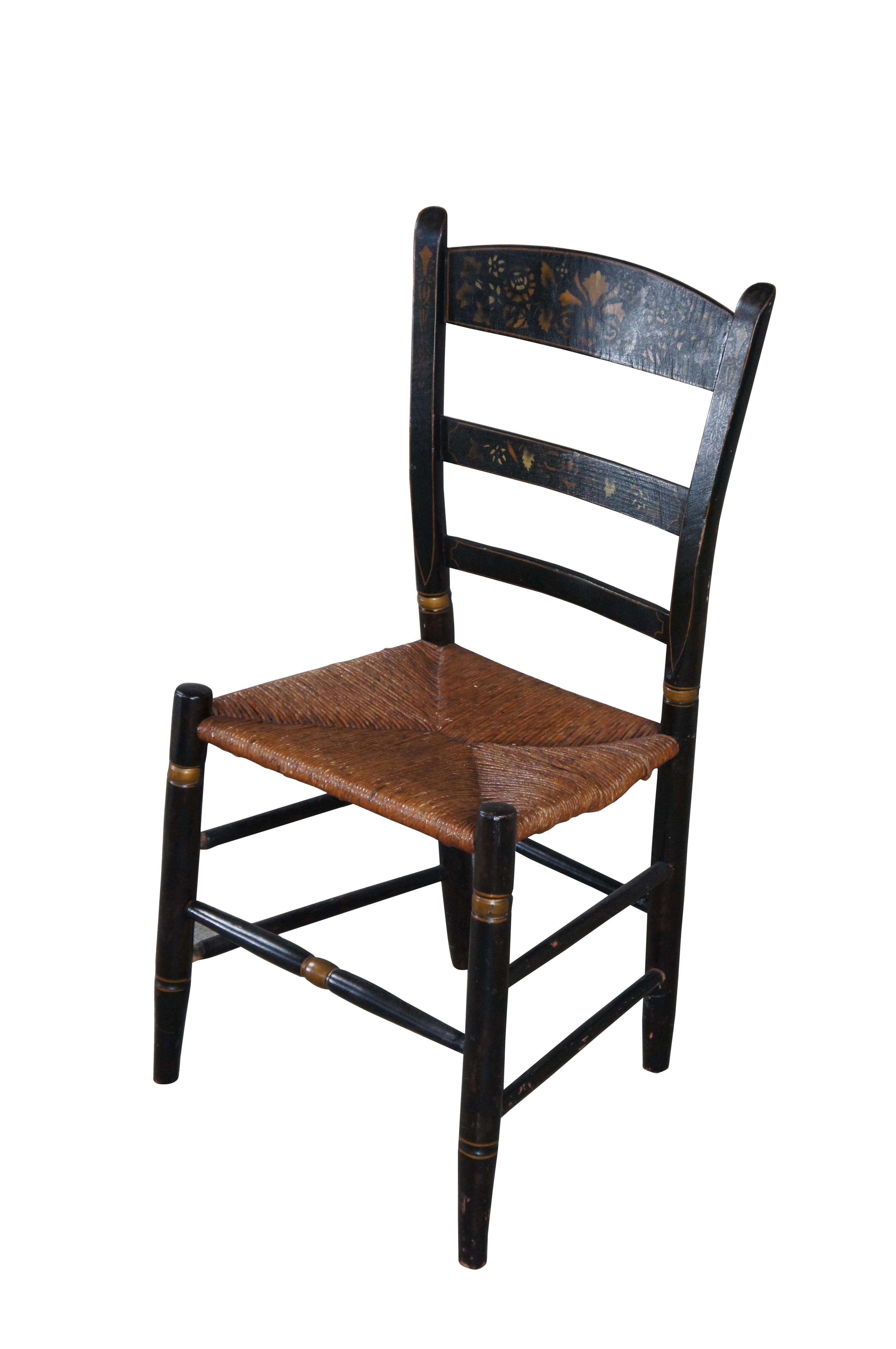 Country Antique Hitchcock Style Farmhouse Cottage Stenciled Back Rush Seat Side Chair For Sale
