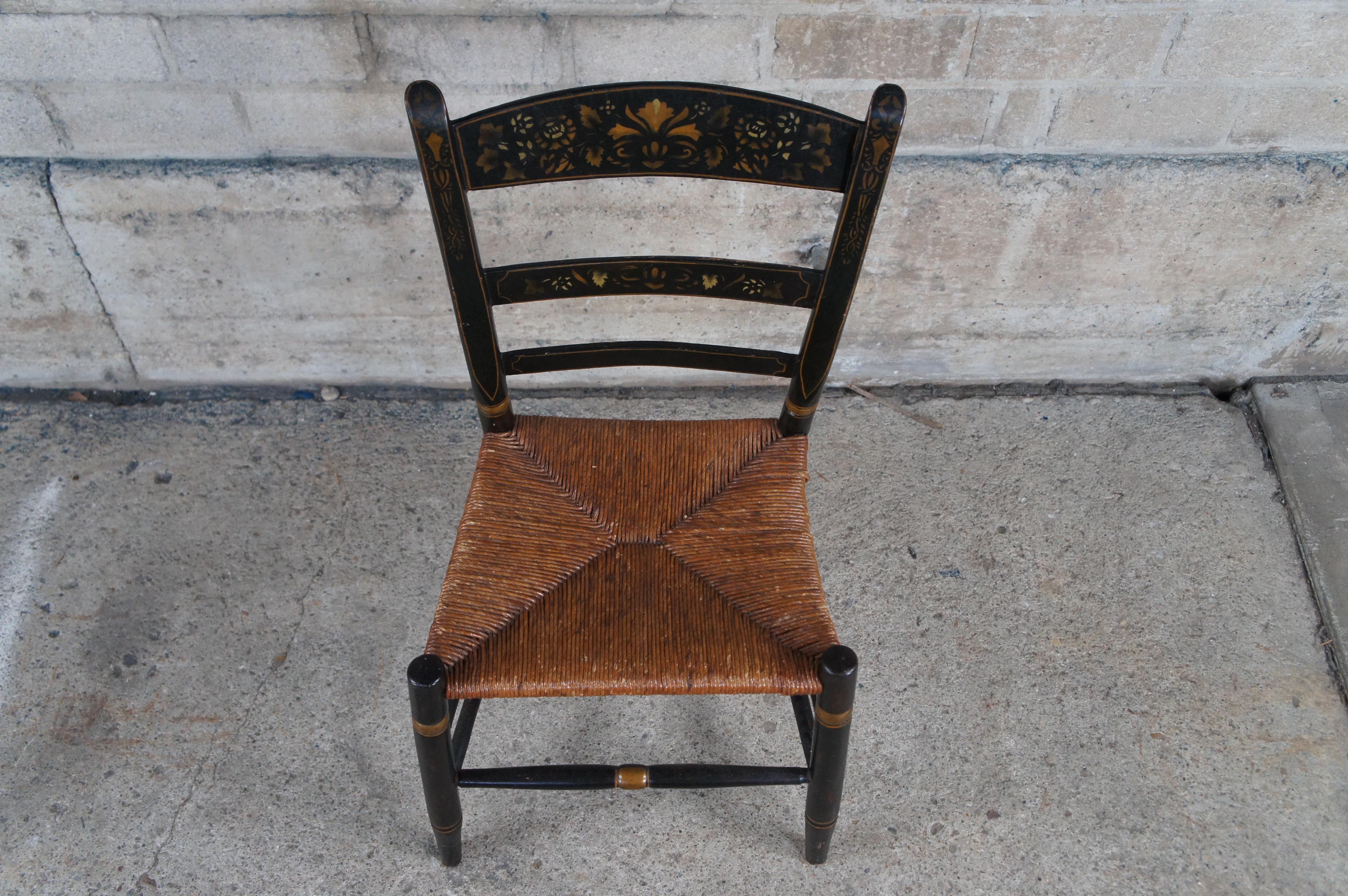 Antique Hitchcock Style Farmhouse Cottage Stenciled Back Rush Seat Side Chair In Fair Condition For Sale In Dayton, OH