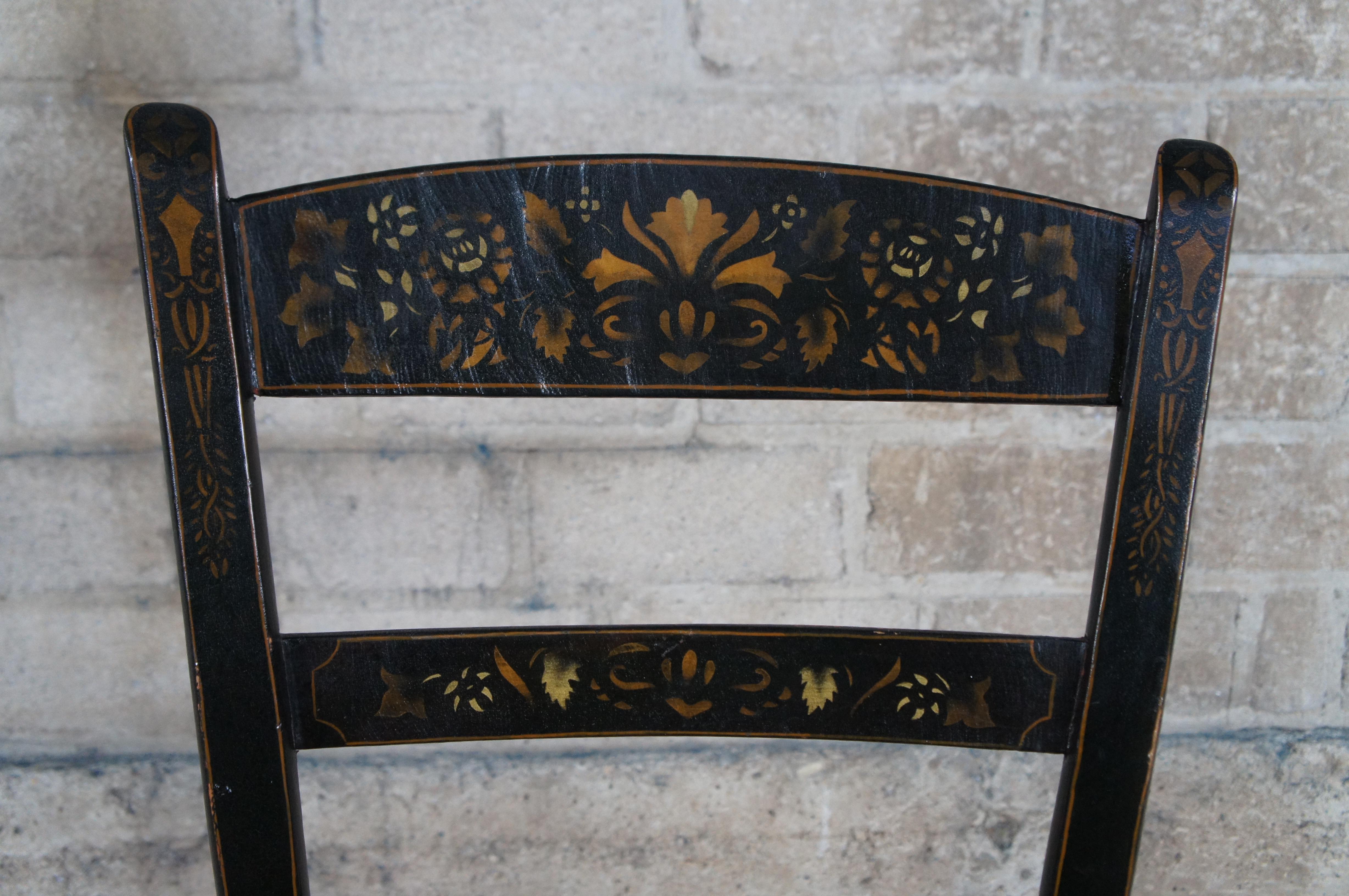 20th Century Antique Hitchcock Style Farmhouse Cottage Stenciled Back Rush Seat Side Chair For Sale