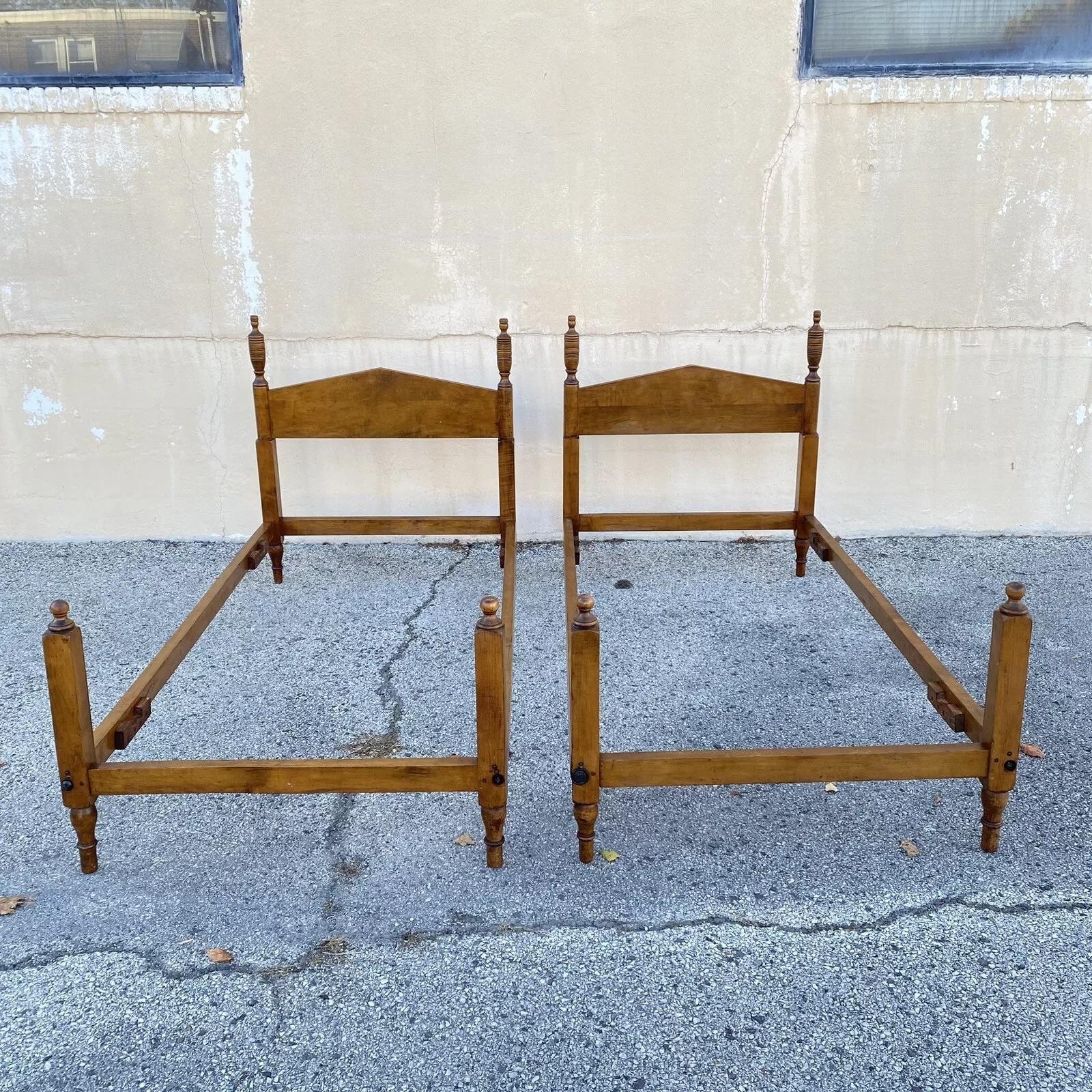 Antique Colonial Hitchcock Style Maple Wood Single Twin Bed Frames with Turn Carved Urn 