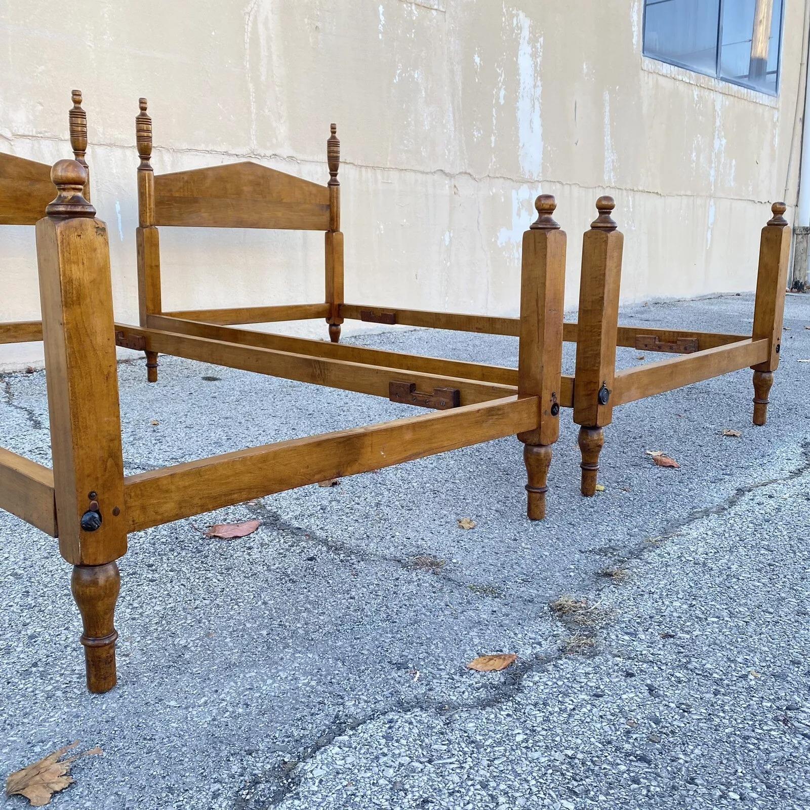 19th Century Antique Hitchcock Style Maple Wood Single Twin Bed Frames w/ Urn Finial - a Pair