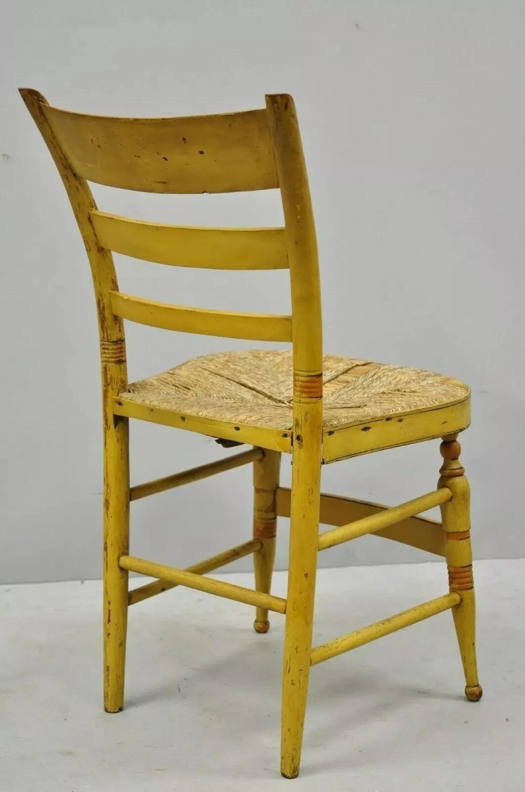 Antique Hitchcock Style Slat Back Rush Seat Yellow Paint Stencil Side Chair (A) For Sale 4