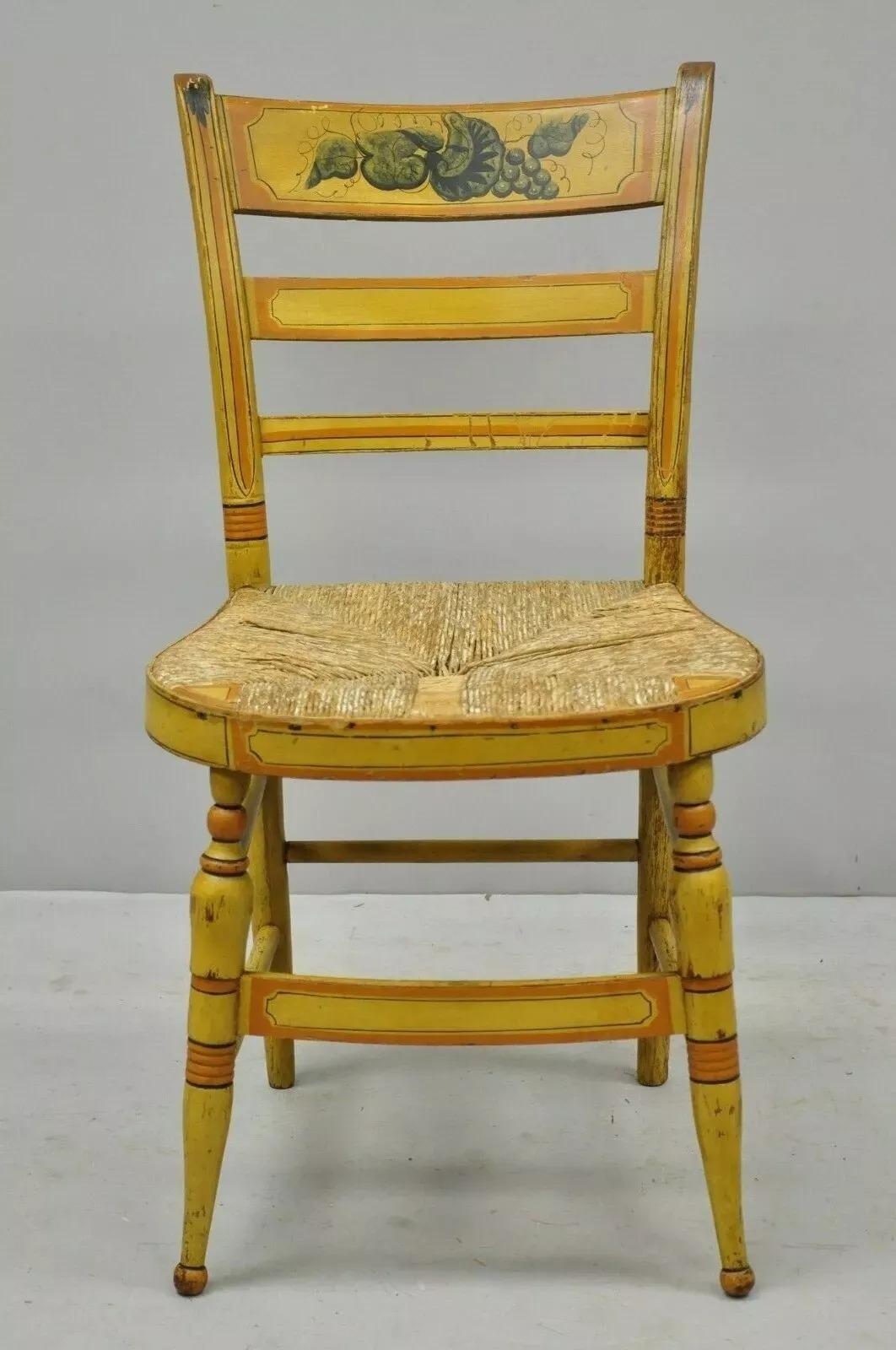 Antique Hitchcock Style Slat Back Rush Seat Yellow Paint Stencil Side Chair (A). Item features woven rush seats, hand painted frames, green, yellow and, orange finish, solid wood frame, nicely carved details, very nice antique item, quality American