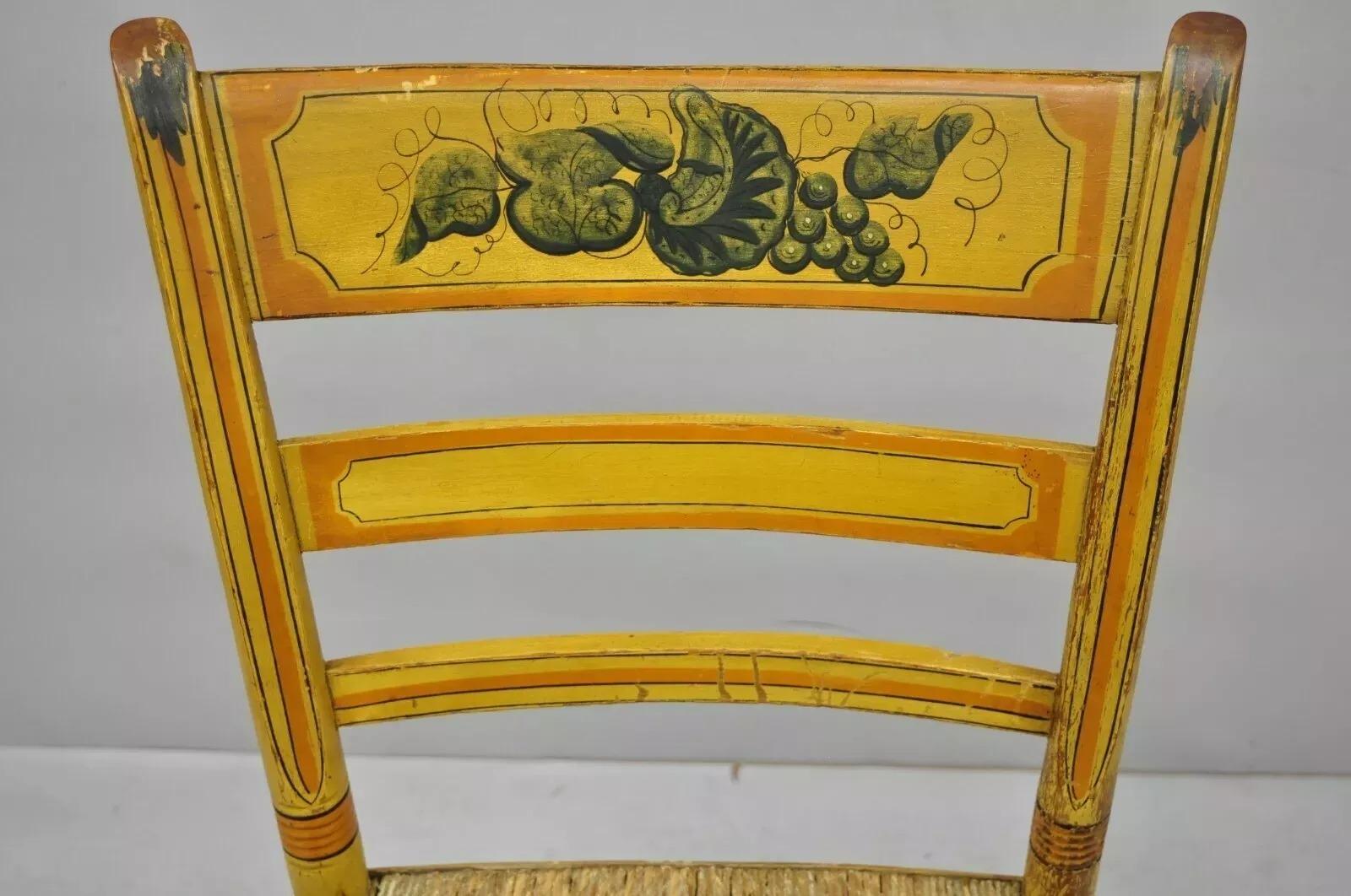 Rustic Antique Hitchcock Style Slat Back Rush Seat Yellow Paint Stencil Side Chair (A) For Sale