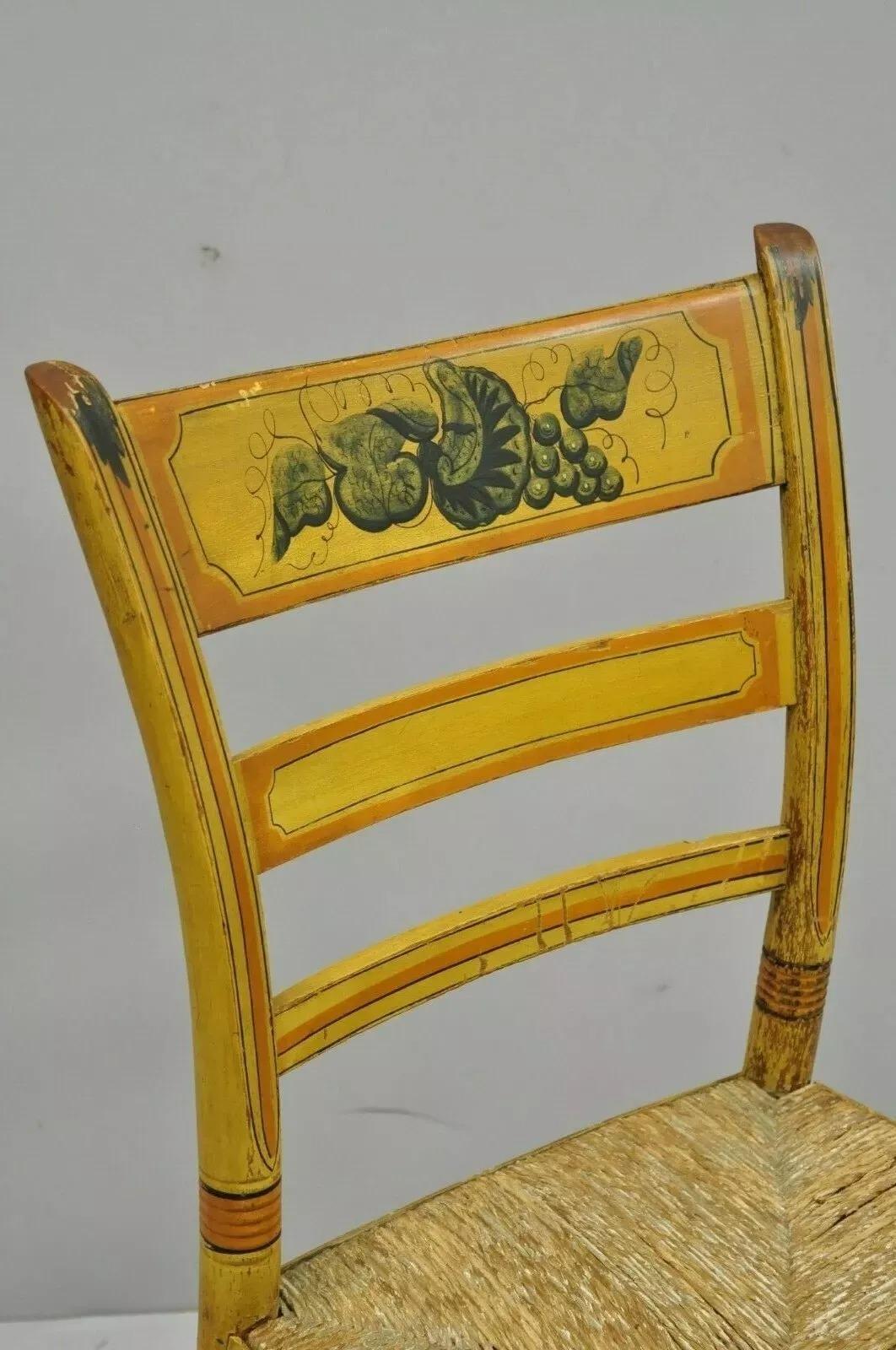 Unknown Antique Hitchcock Style Slat Back Rush Seat Yellow Paint Stencil Side Chair (A) For Sale