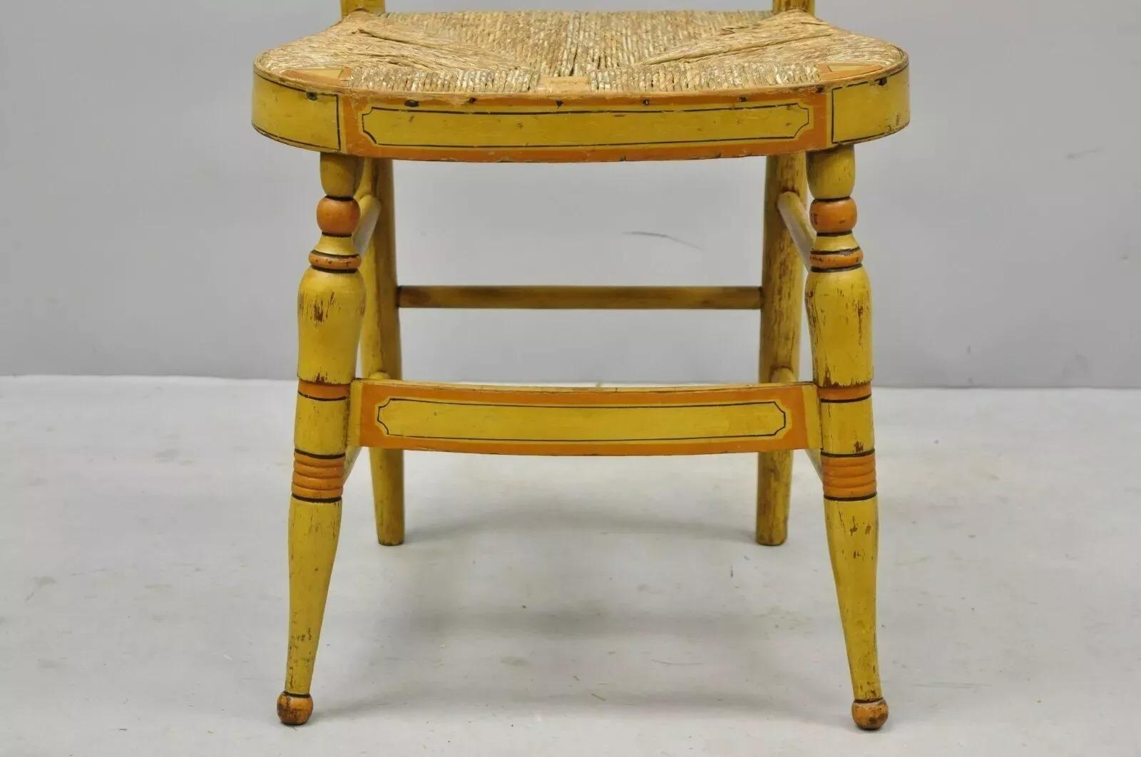 Antique Hitchcock Style Slat Back Rush Seat Yellow Paint Stencil Side Chair (A) In Good Condition For Sale In Philadelphia, PA