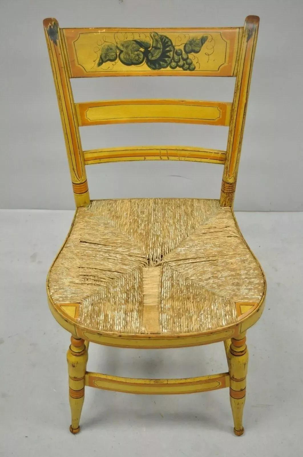 20th Century Antique Hitchcock Style Slat Back Rush Seat Yellow Paint Stencil Side Chair (A) For Sale