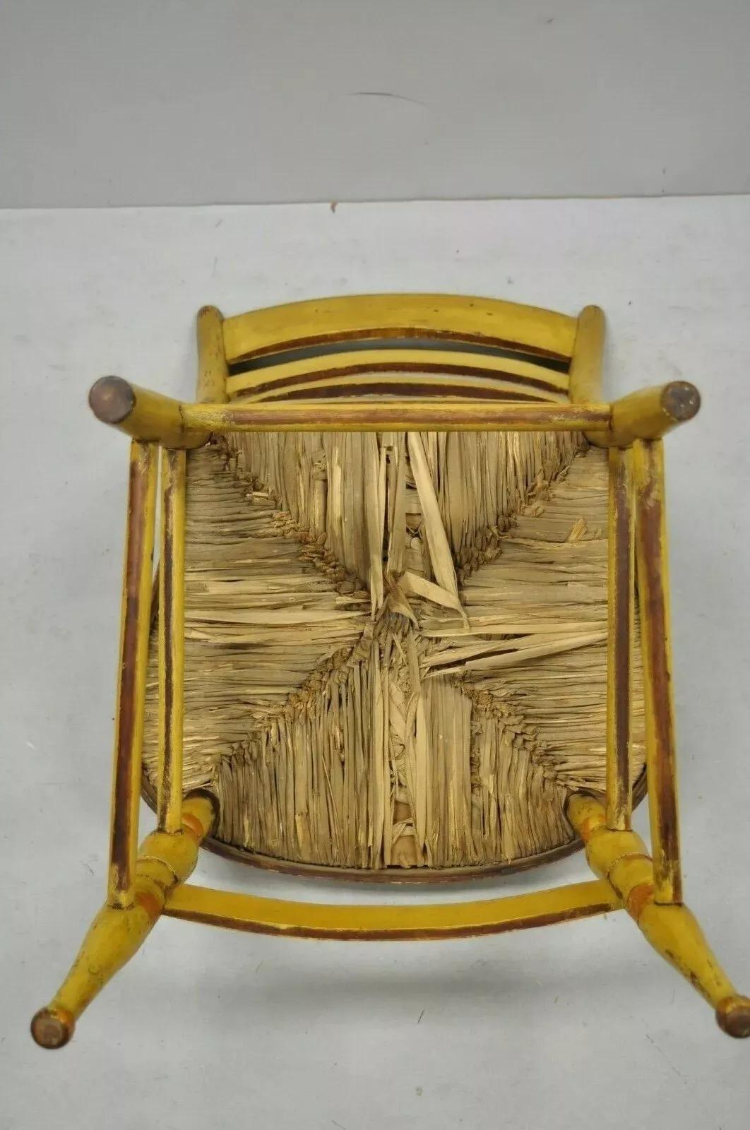 Antique Hitchcock Style Slat Back Rush Seat Yellow Paint Stencil Side Chair (A) For Sale 1