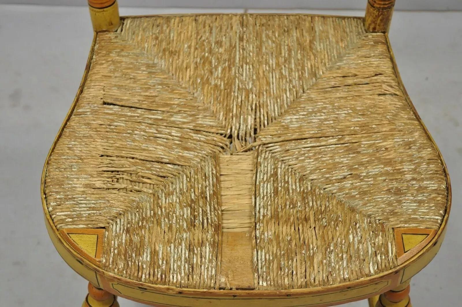 Antique Hitchcock Style Slat Back Rush Seat Yellow Paint Stencil Side Chair (A) For Sale 2
