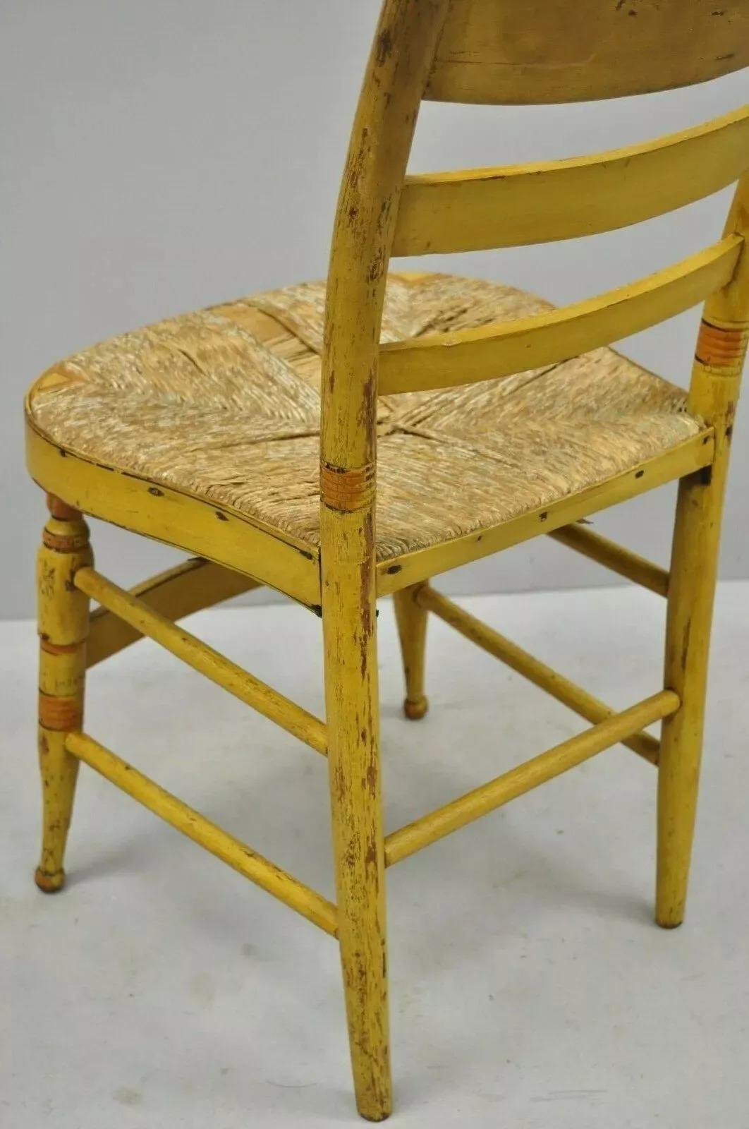 Antique Hitchcock Style Slat Back Rush Seat Yellow Paint Stencil Side Chair (A) For Sale 3