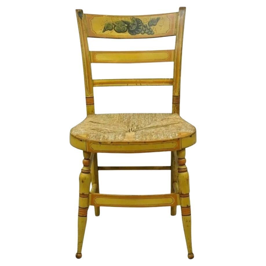 Antique Hitchcock Style Slat Back Rush Seat Yellow Paint Stencil Side Chair (A)