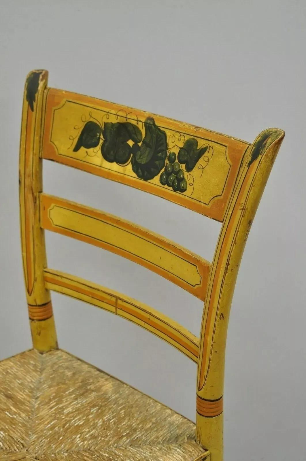 Antique Hitchcock Style Slat Back Rush Seat Yellow Paint Stencil Side Chair (B) For Sale 3