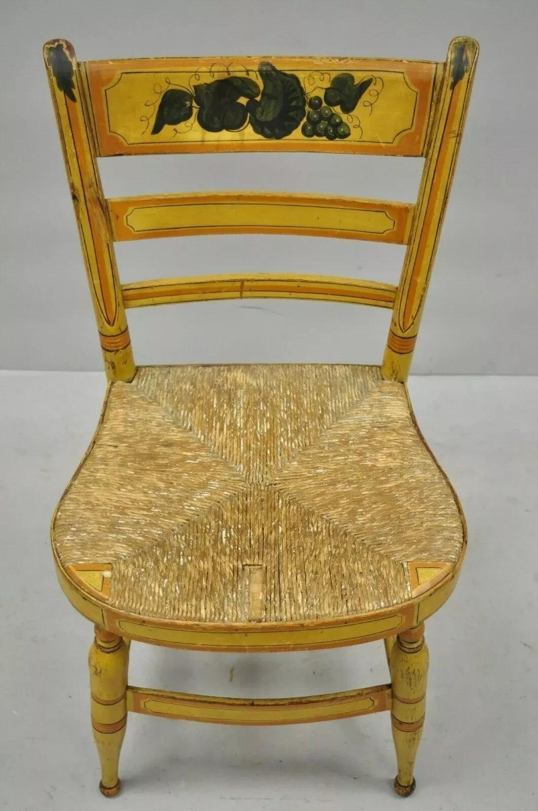 Rustic Antique Hitchcock Style Slat Back Rush Seat Yellow Paint Stencil Side Chair (B) For Sale