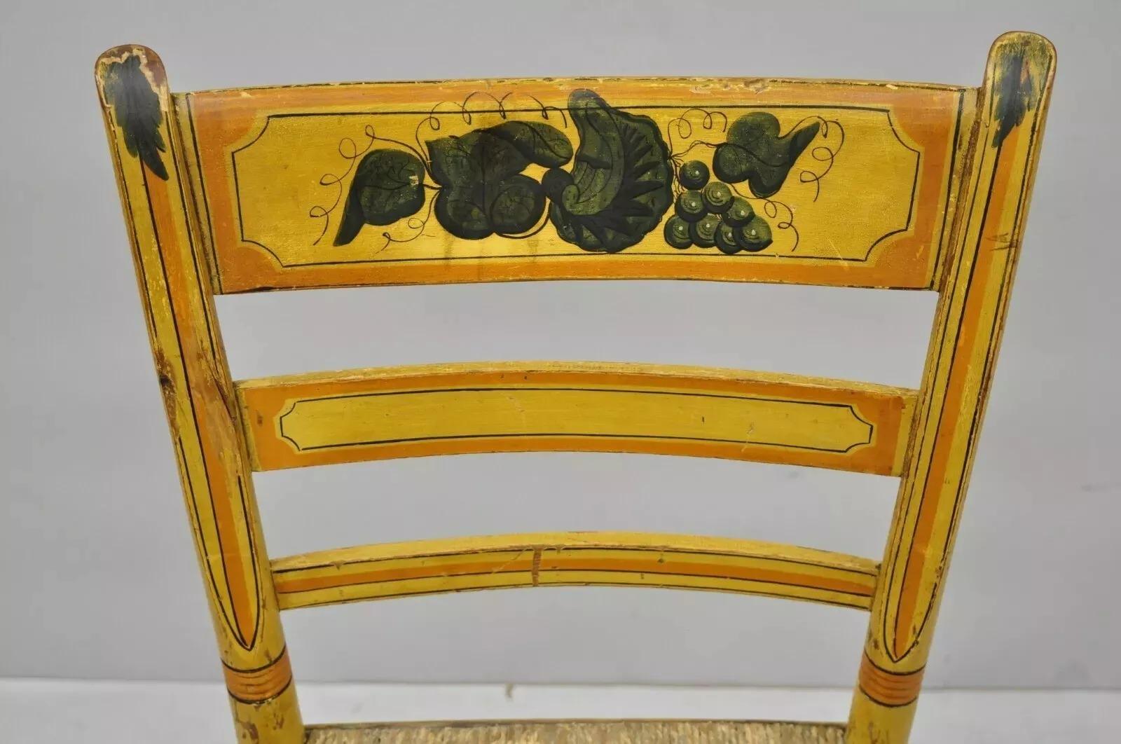 Unknown Antique Hitchcock Style Slat Back Rush Seat Yellow Paint Stencil Side Chair (B) For Sale