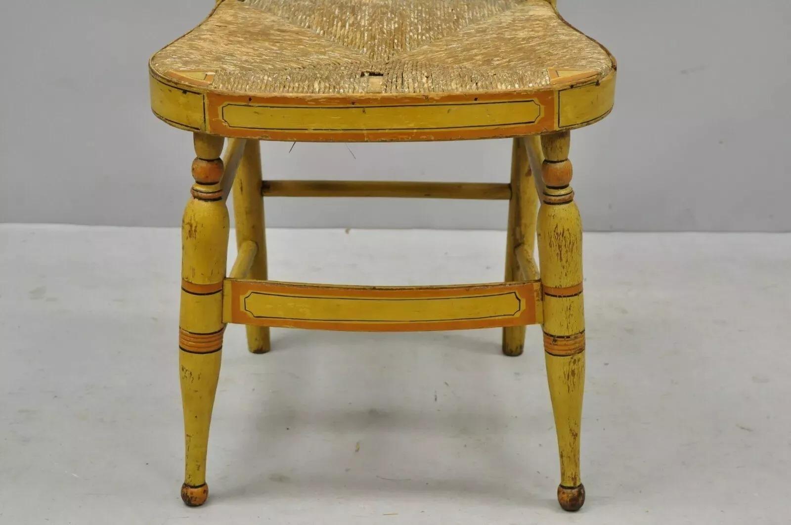 Antique Hitchcock Style Slat Back Rush Seat Yellow Paint Stencil Side Chair (B) In Good Condition For Sale In Philadelphia, PA