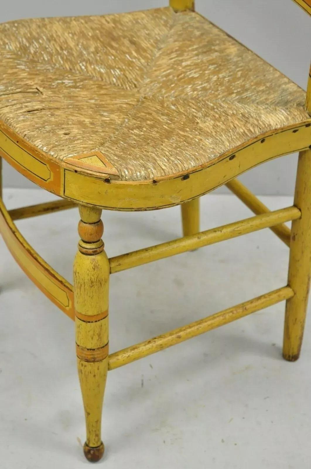Rope Antique Hitchcock Style Slat Back Rush Seat Yellow Paint Stencil Side Chair (B) For Sale