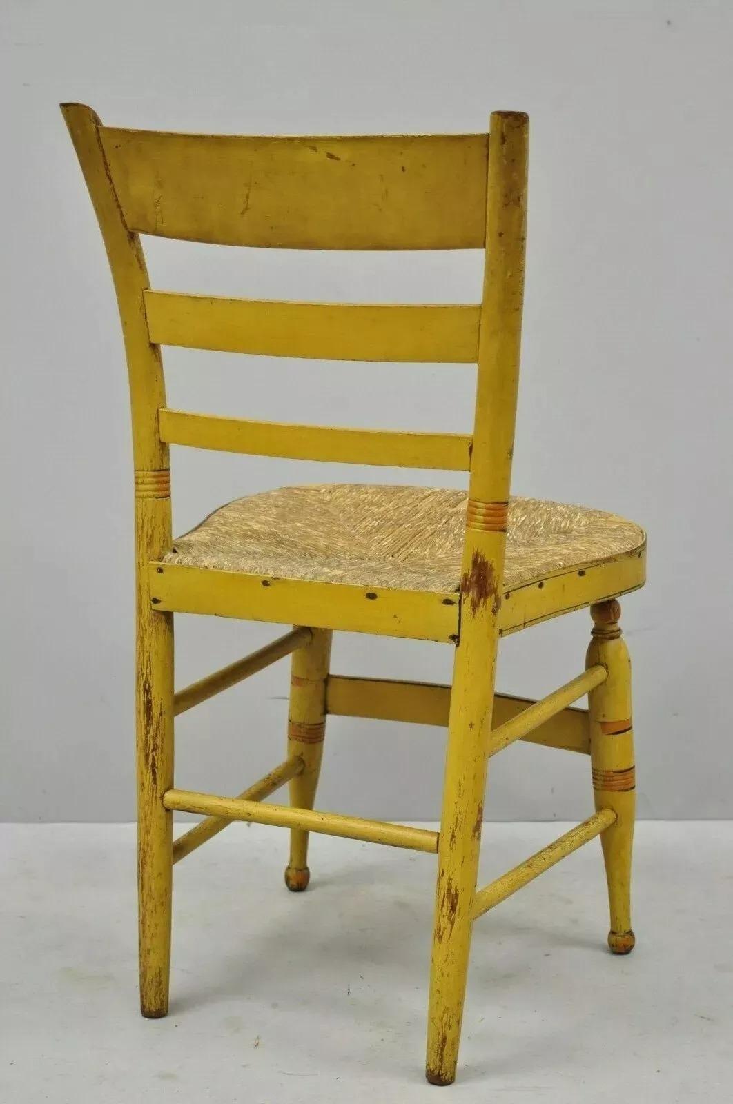 Antique Hitchcock Style Slat Back Rush Seat Yellow Paint Stencil Side Chair (B) For Sale 2