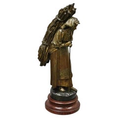 Antique Hiver French Spelter Sculpture Statue of Woman Carrying Bundle of Sticks