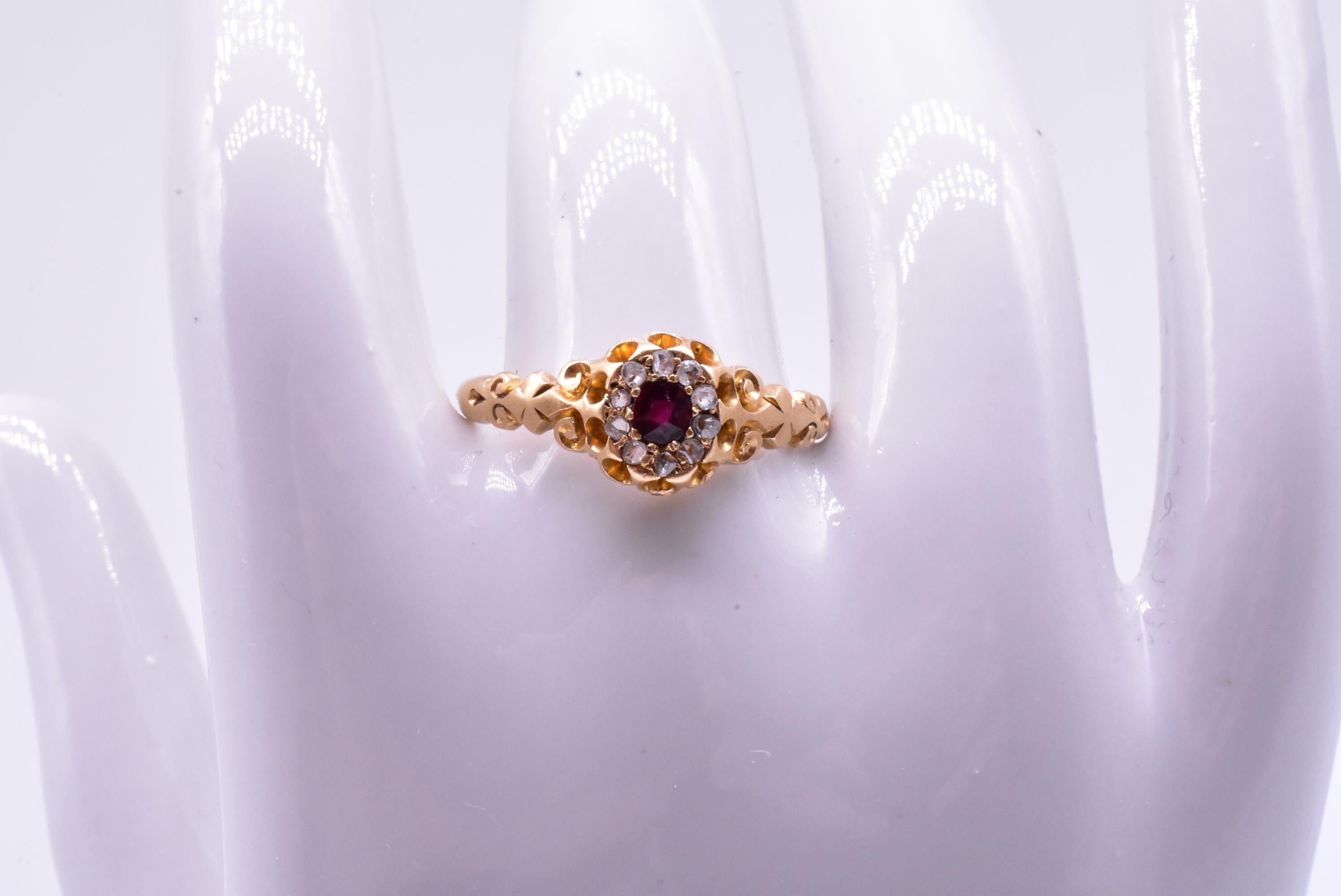 Antique HM Chester 1901 18K Ruby & Diamond Ring w Decorative Shoulders and Halo 1