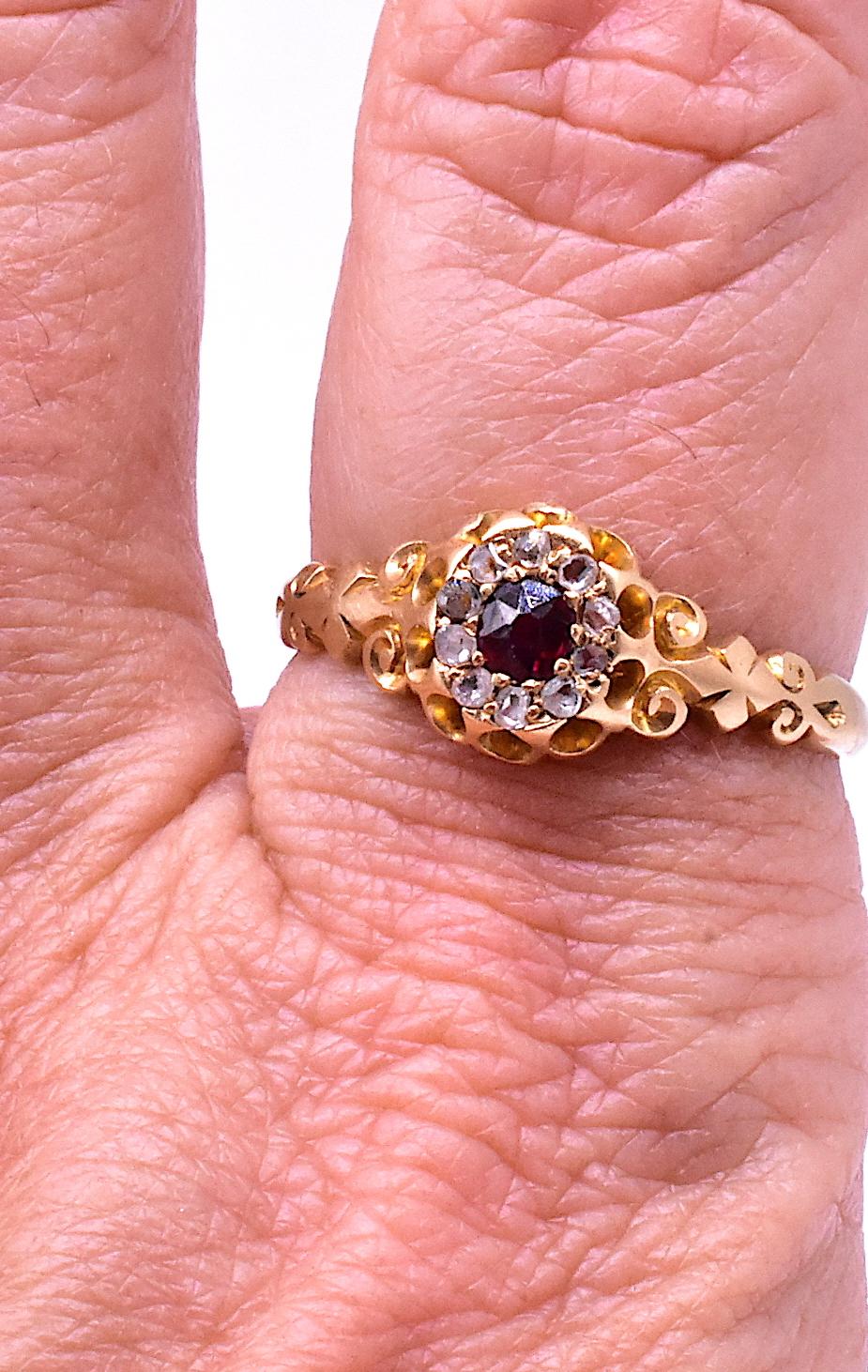 Antique HM Chester 1901 18K Ruby & Diamond Ring w Decorative Shoulders and Halo 2