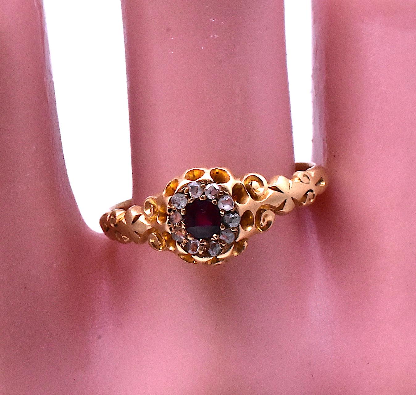 Antique HM Chester 1901 18K Ruby & Diamond Ring w Decorative Shoulders and Halo 3