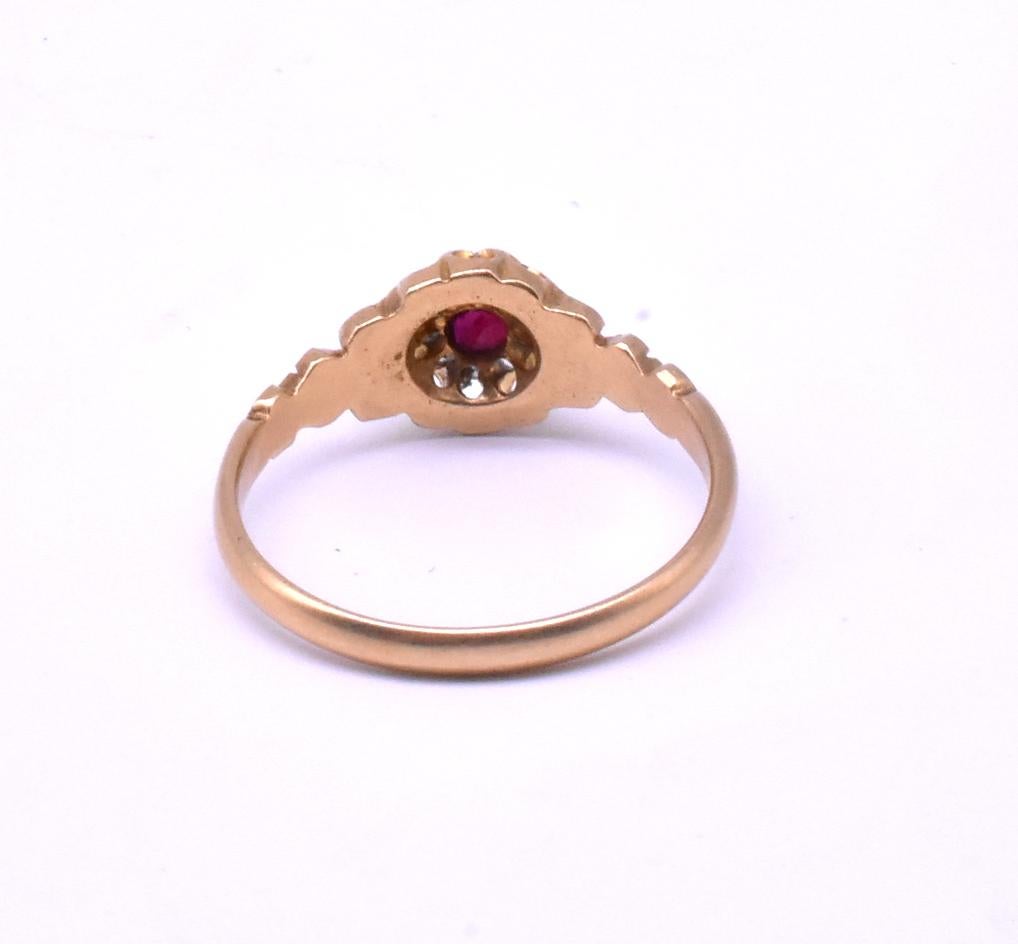 Late Victorian Antique HM Chester 1901 18K Ruby & Diamond Ring w Decorative Shoulders and Halo