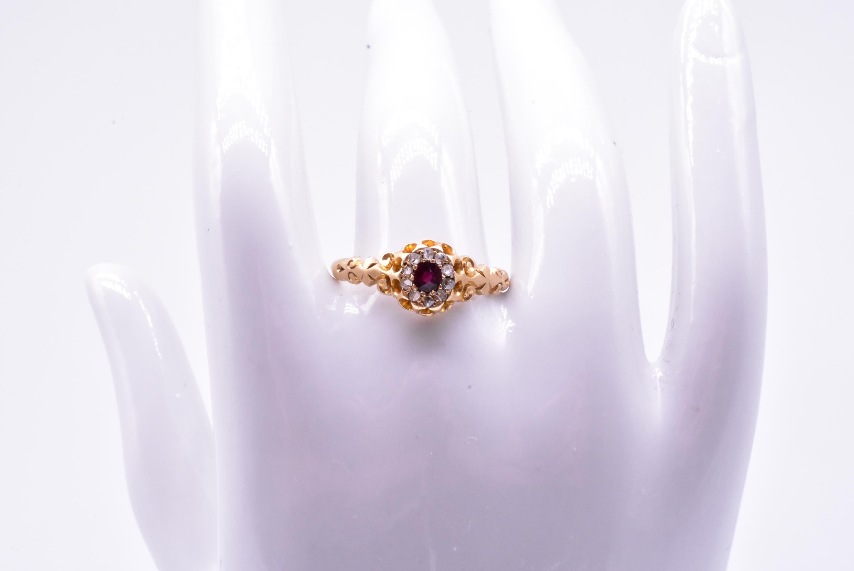 Women's Antique HM Chester 1901 18K Ruby & Diamond Ring w Decorative Shoulders and Halo